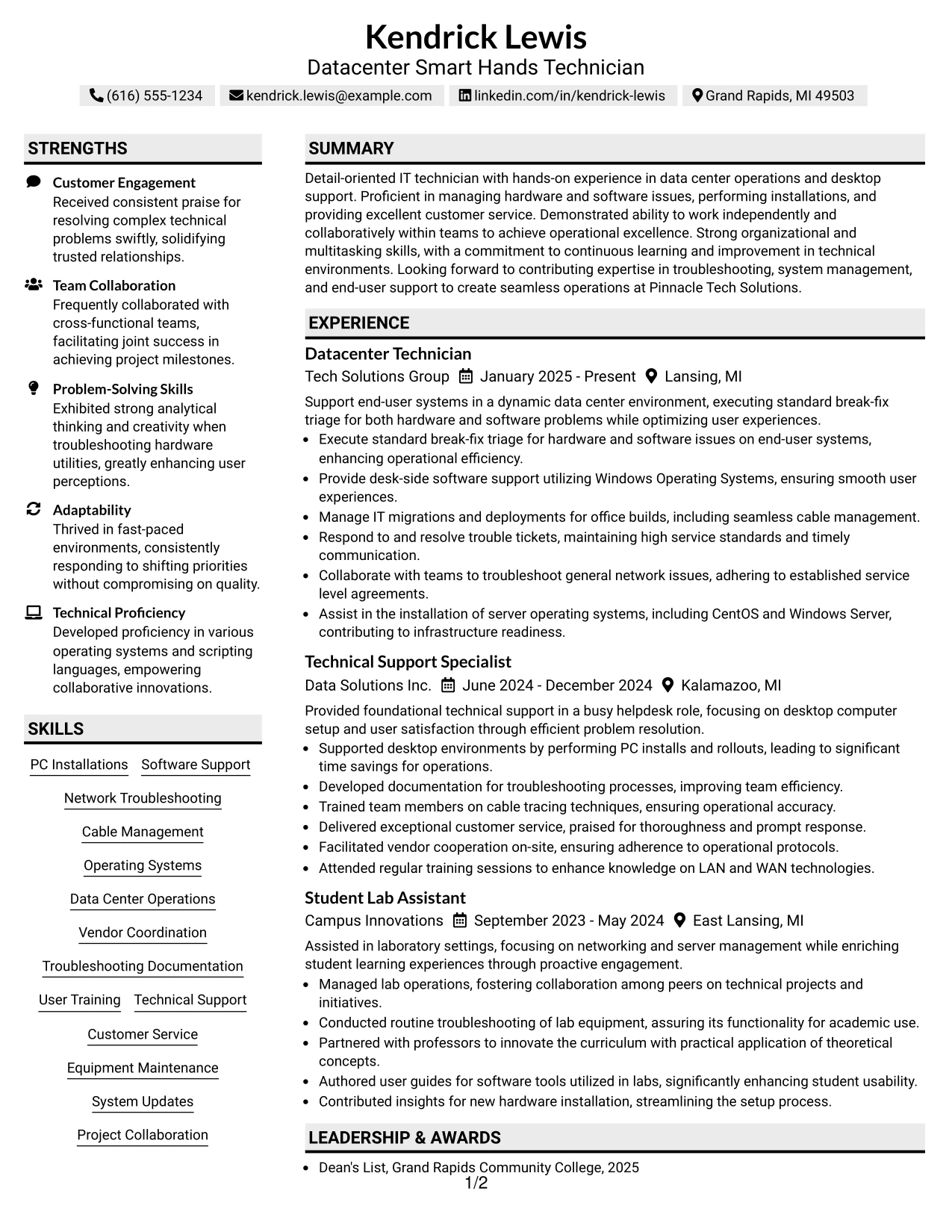 Resume Example Page 1