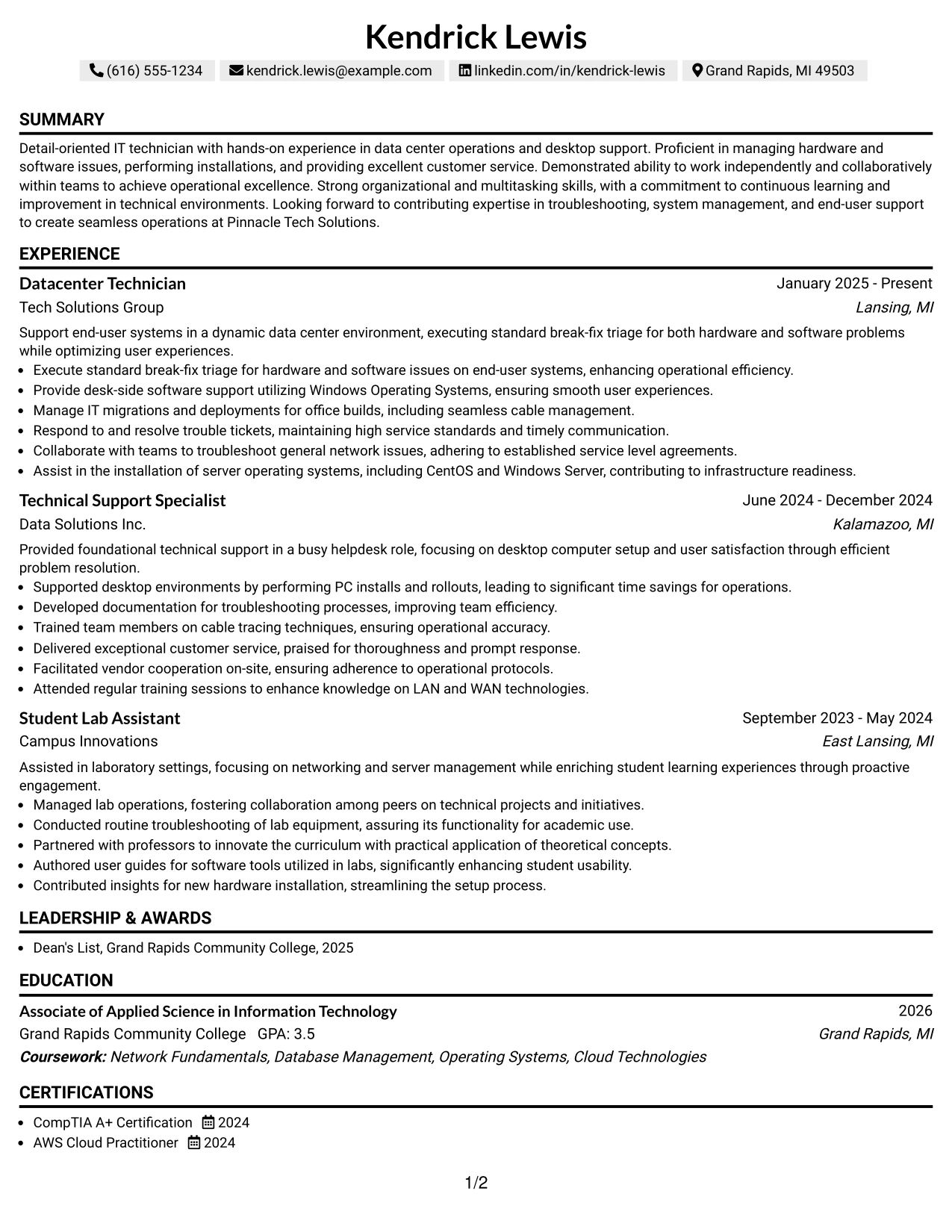 Resume Example Page 1
