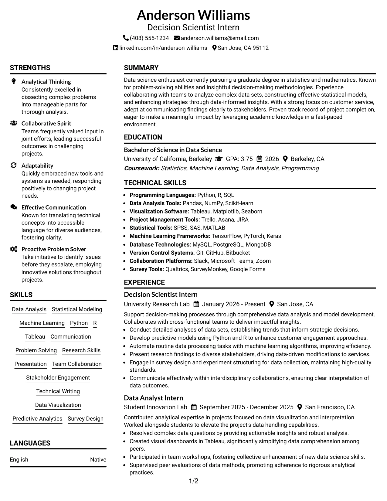 Resume Example Page 1