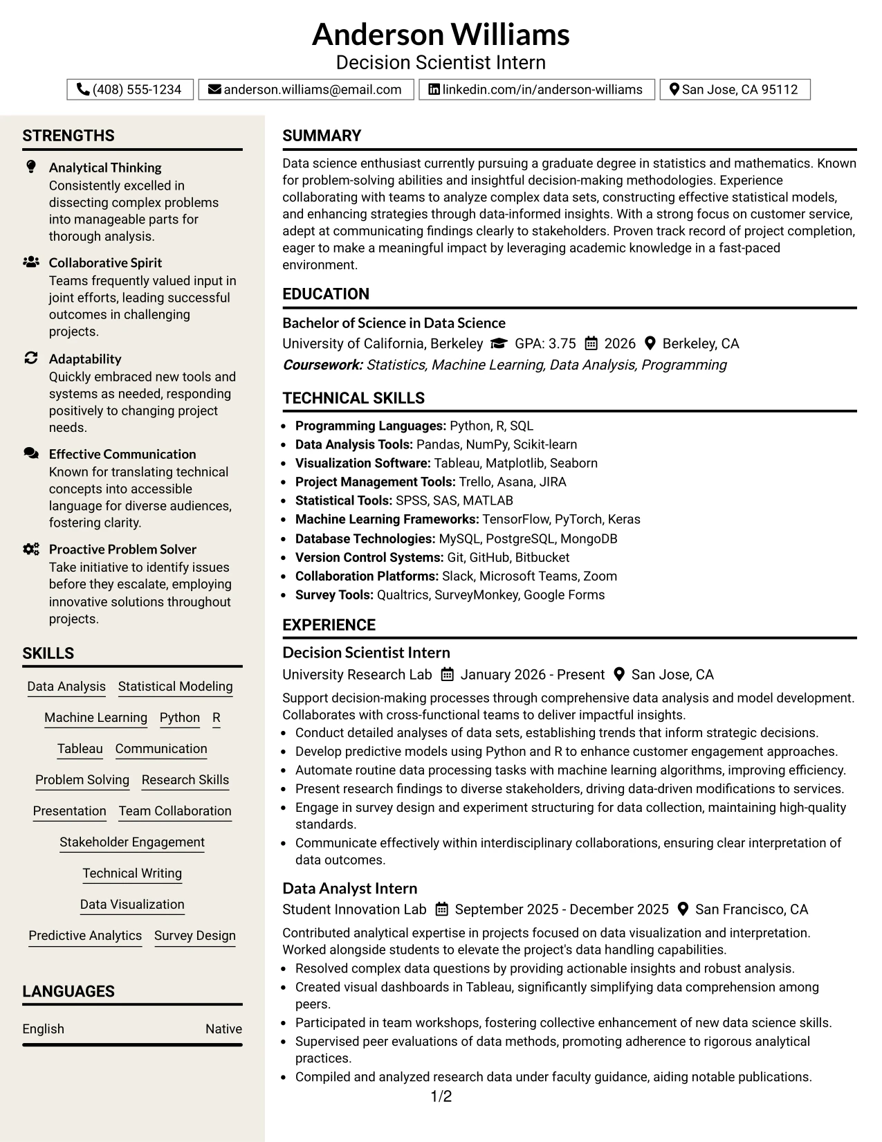 Resume Example Page 1