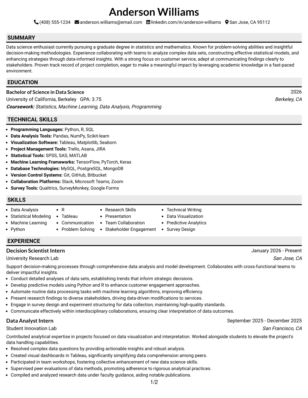 Resume Example Page 1