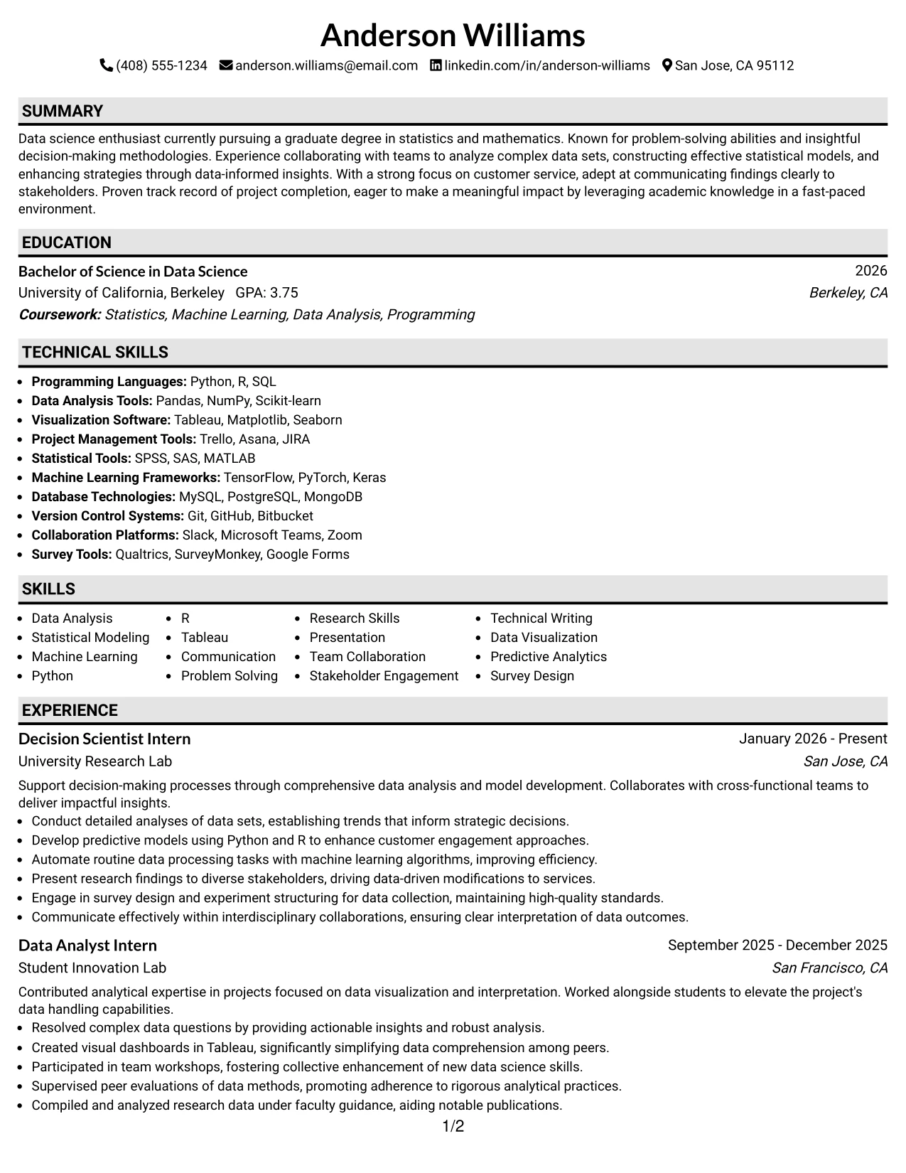 Resume Example Page 1