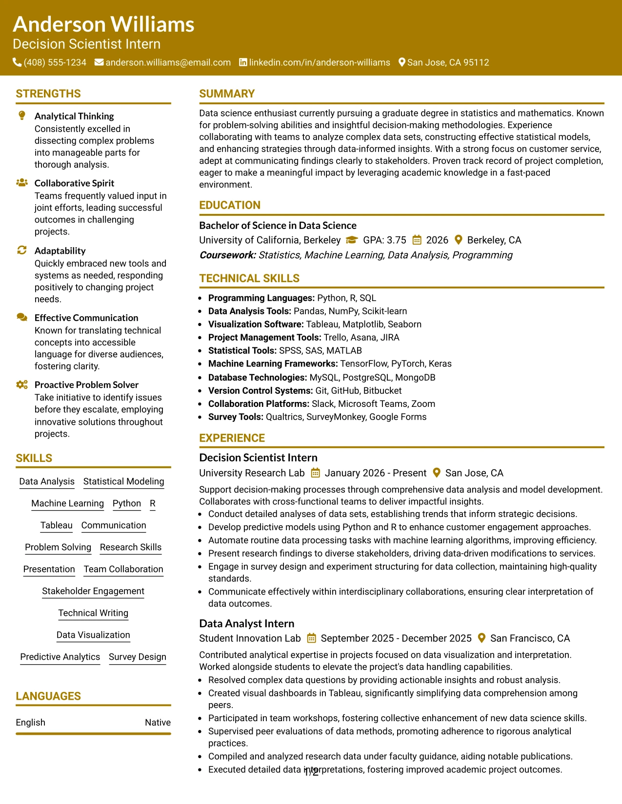 Resume Example Page 1