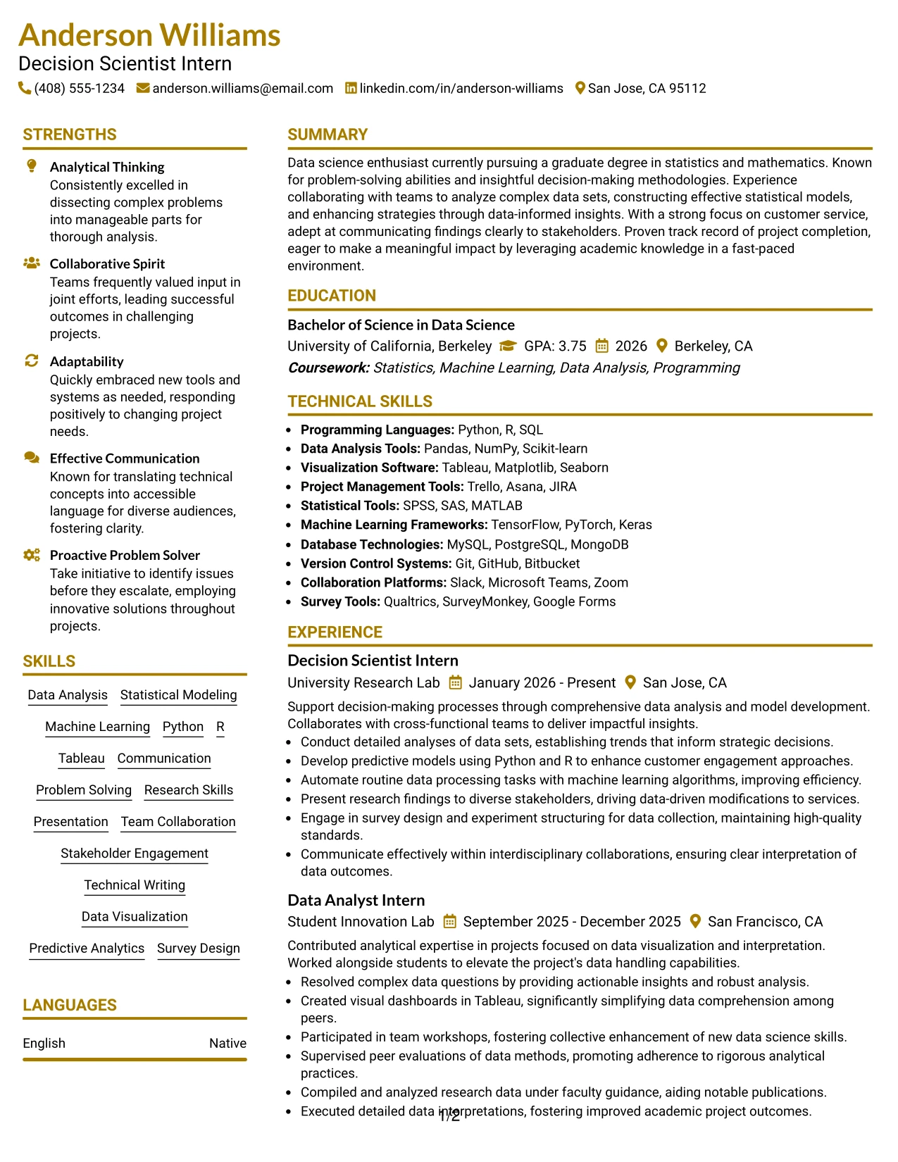 Resume Example Page 1