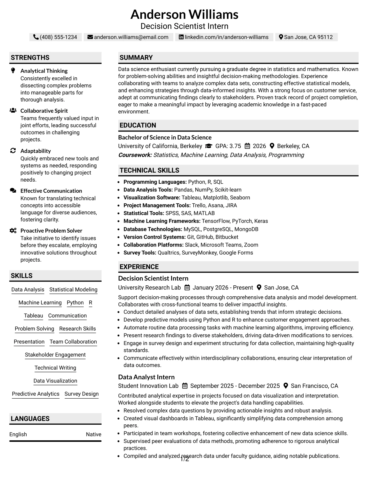 Resume Example Page 1