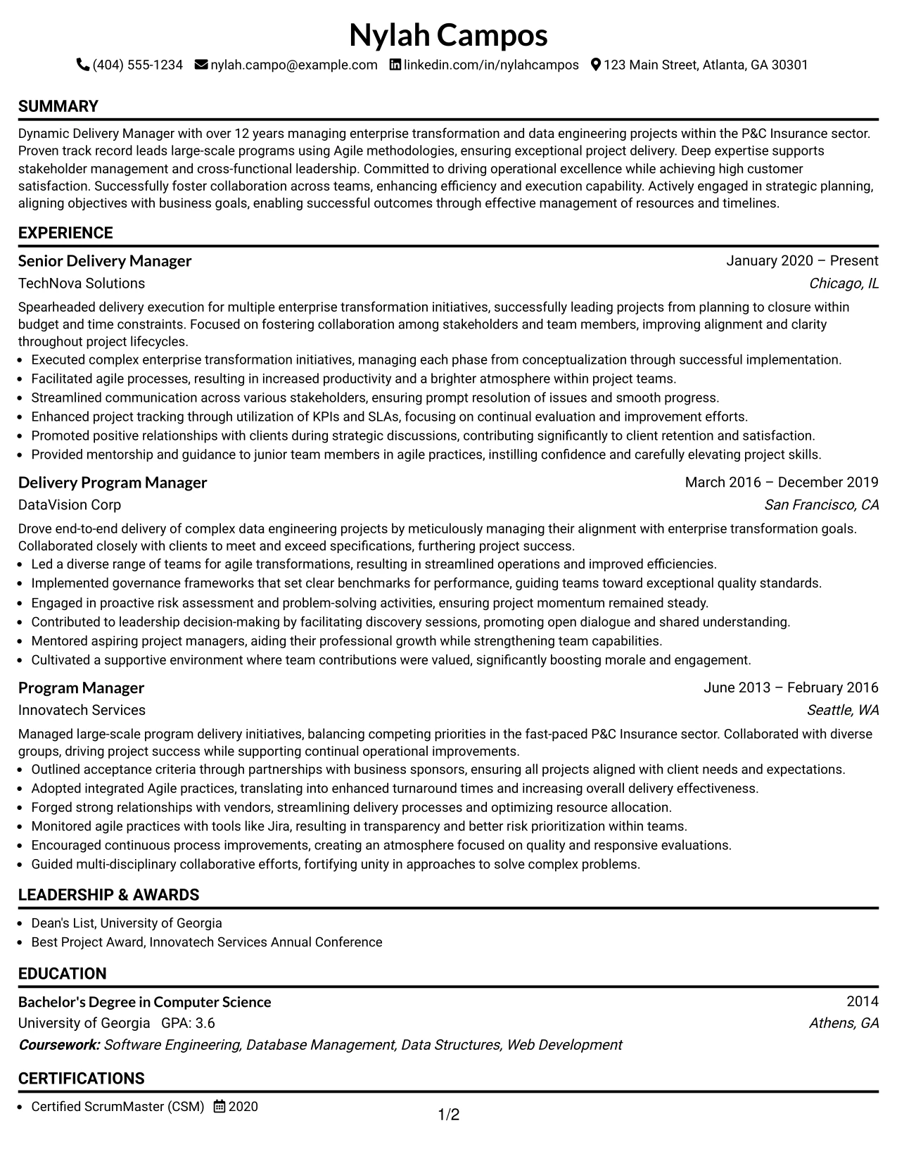 Resume Example Page 1