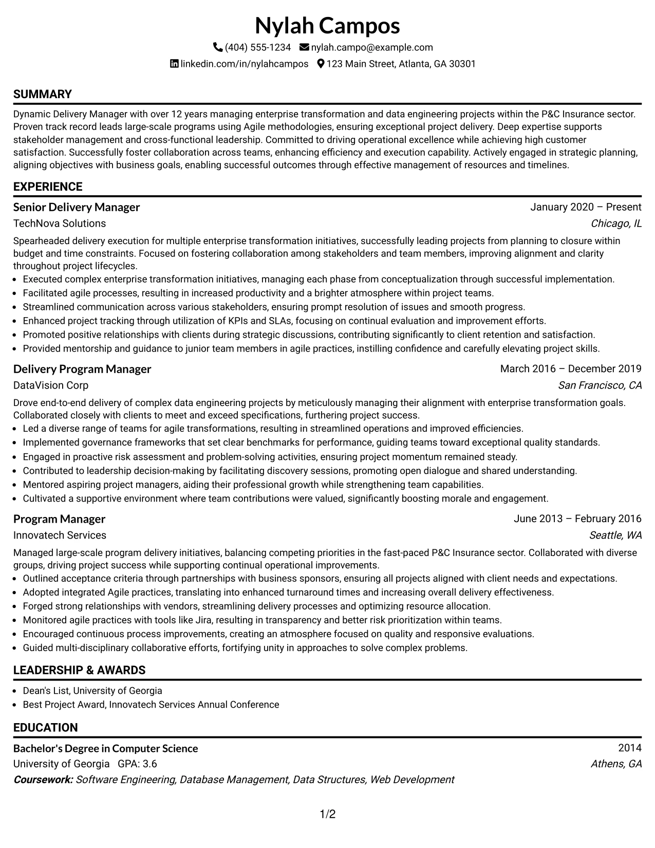 Resume Example Page 1
