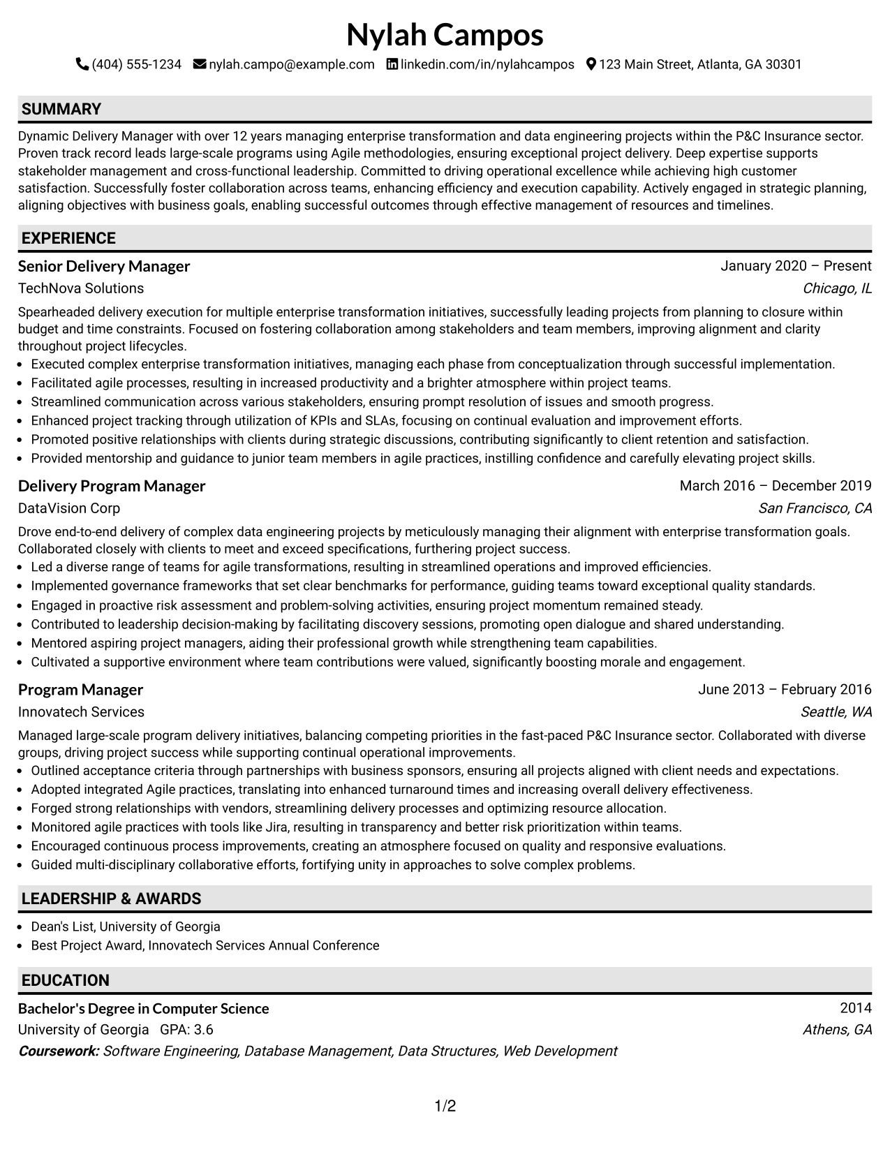 Resume Example Page 1