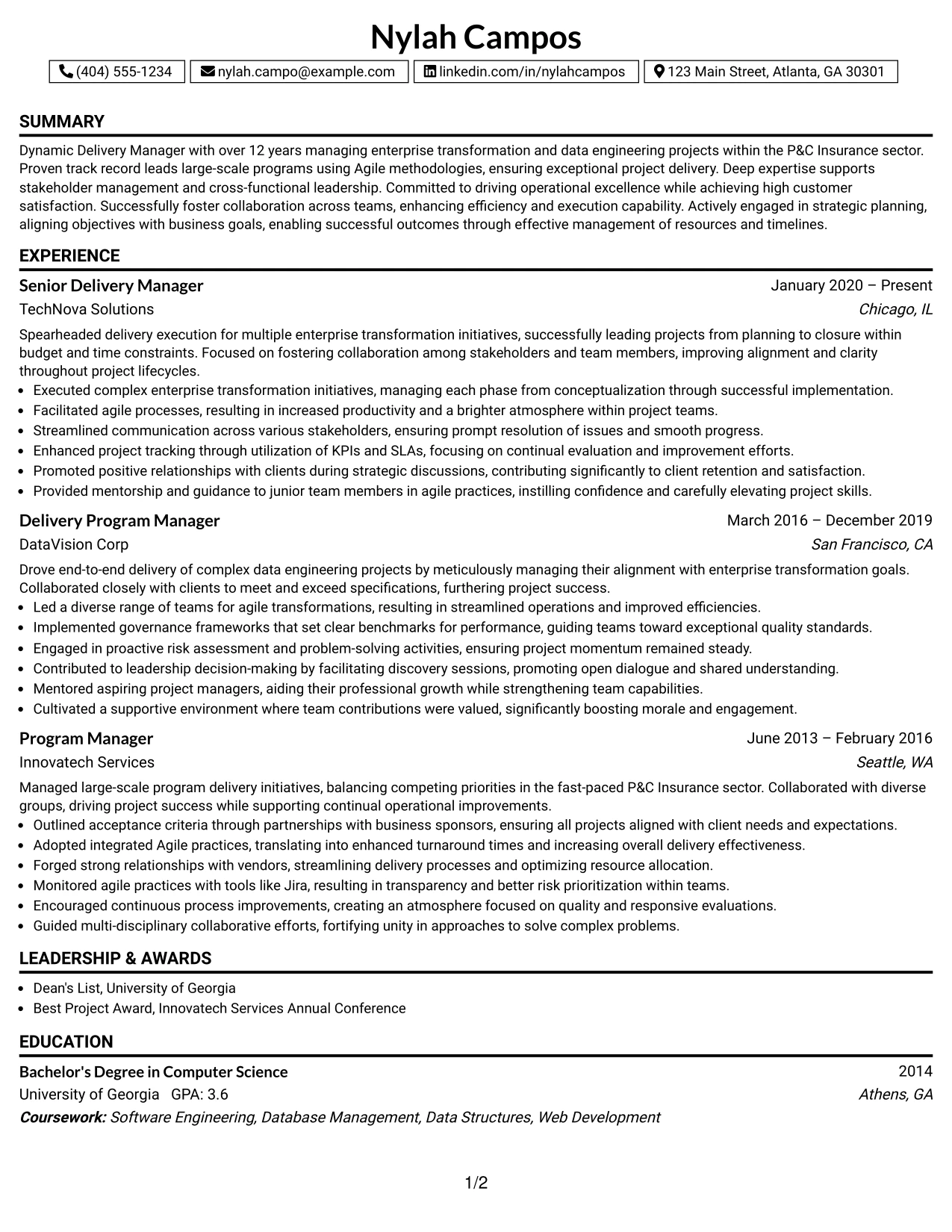 Resume Example Page 1