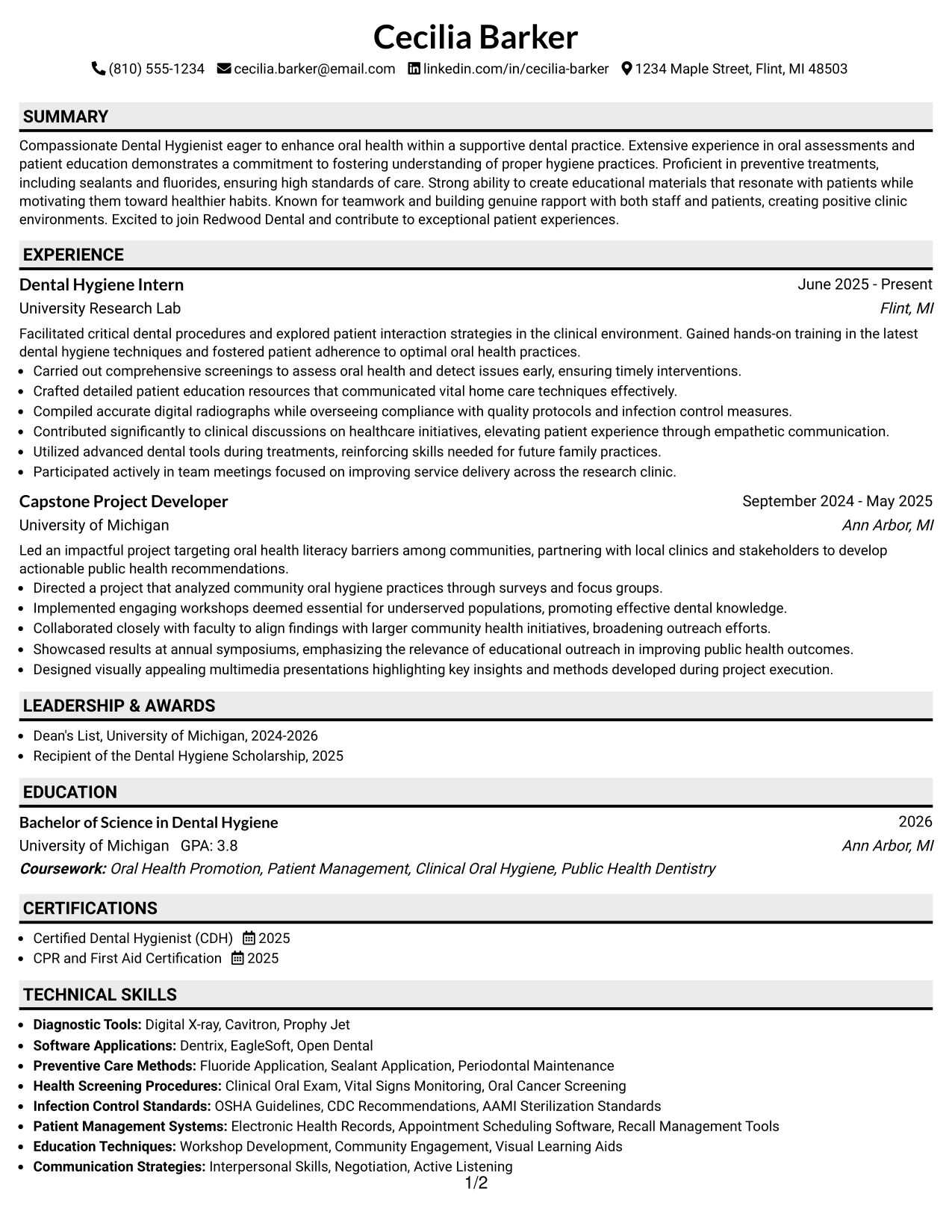 Resume Example Page 1