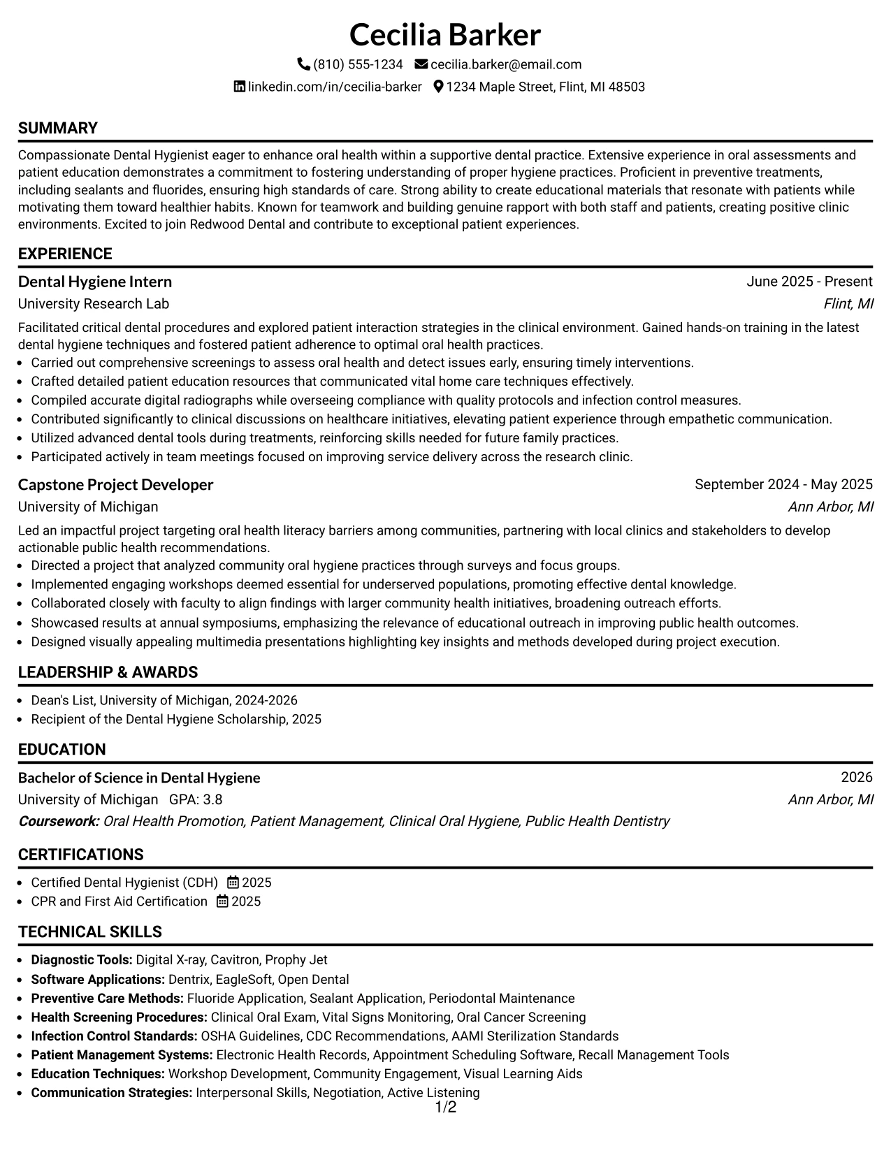 Resume Example Page 1