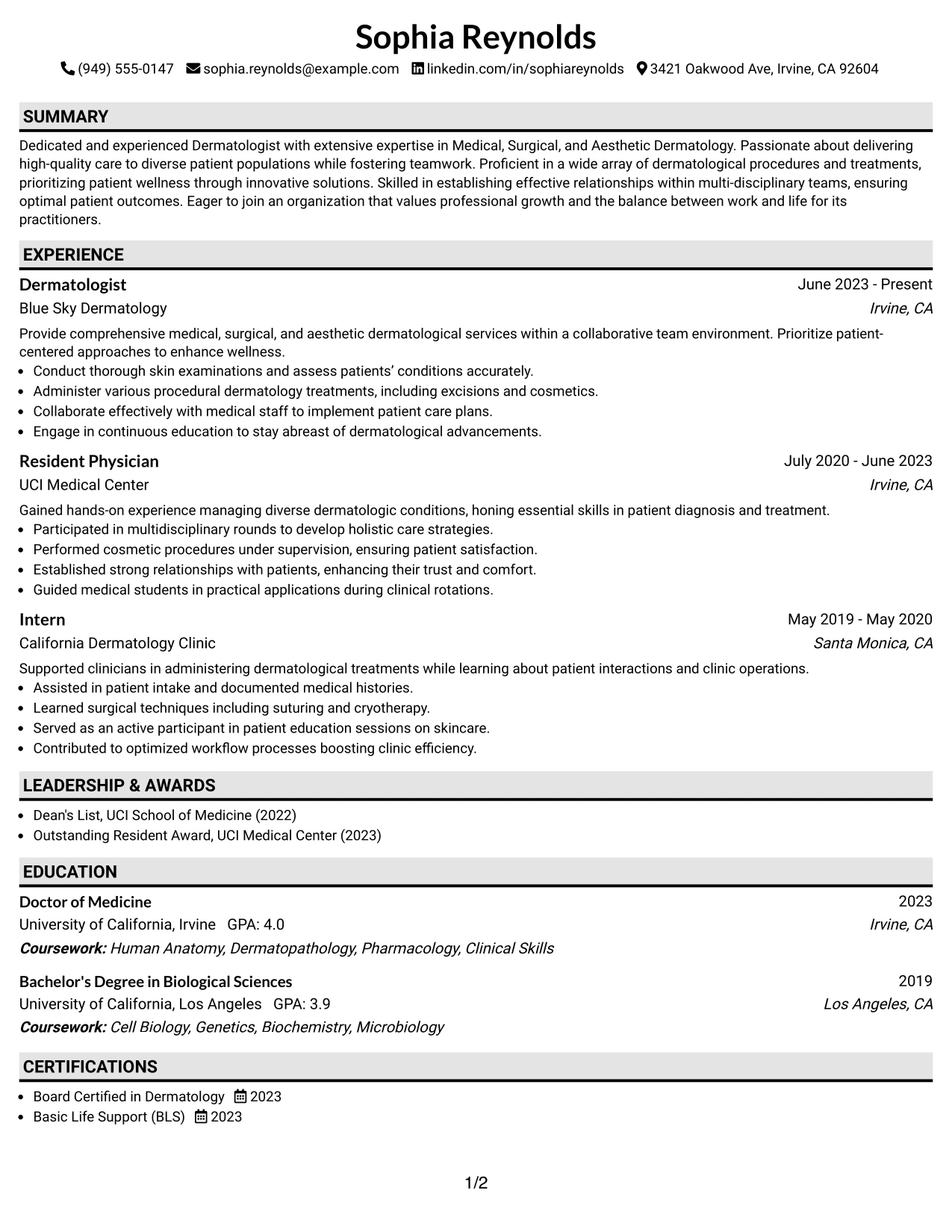Resume Example Page 1
