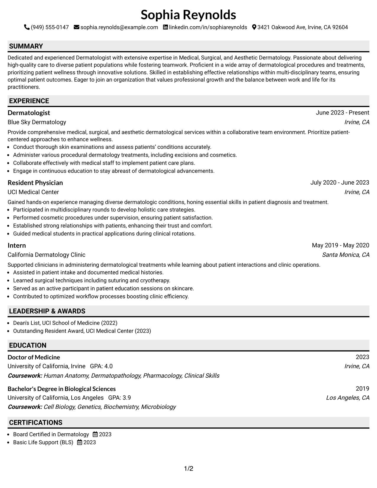 Resume Example Page 1