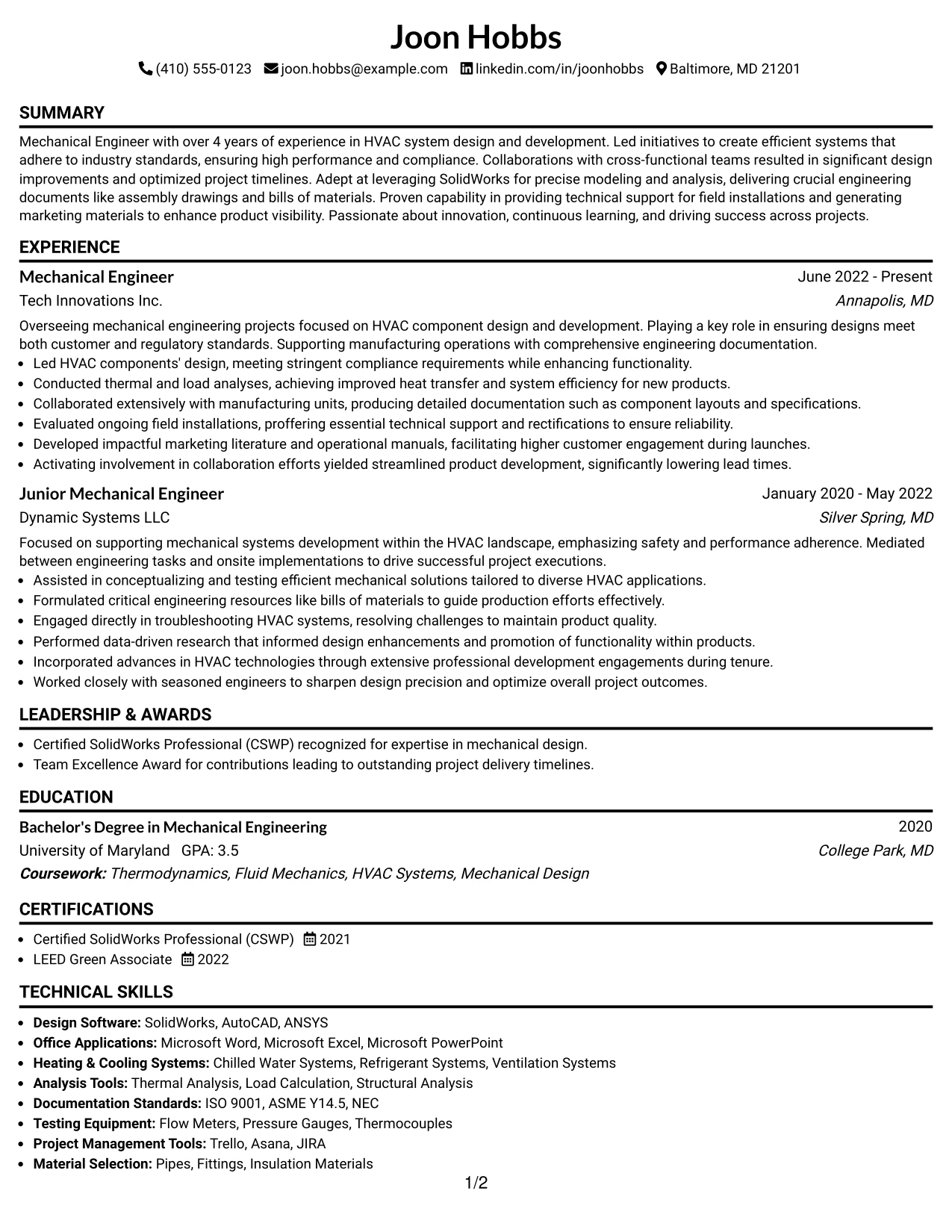 Resume Example Page 1