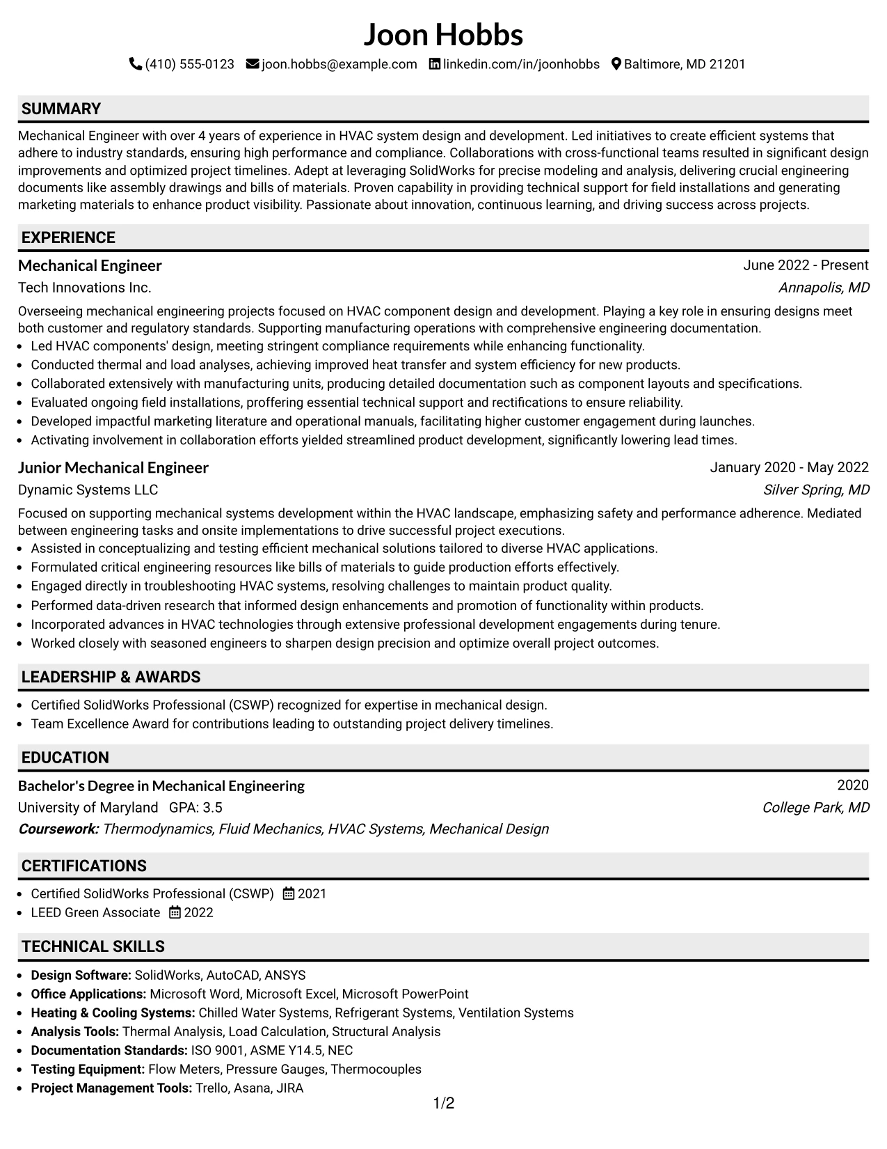 Resume Example Page 1