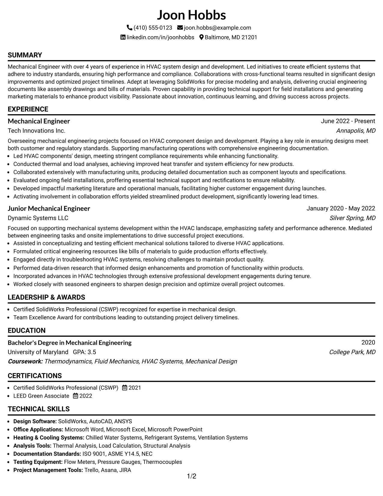 Resume Example Page 1