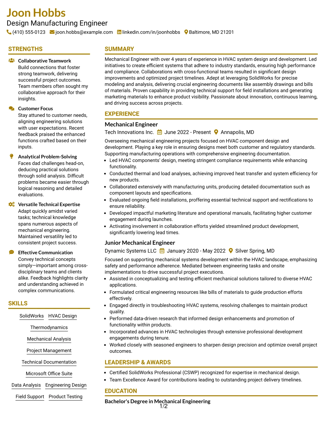 Resume Example Page 1