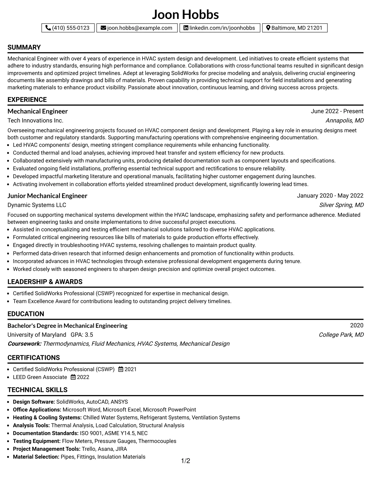 Resume Example Page 1