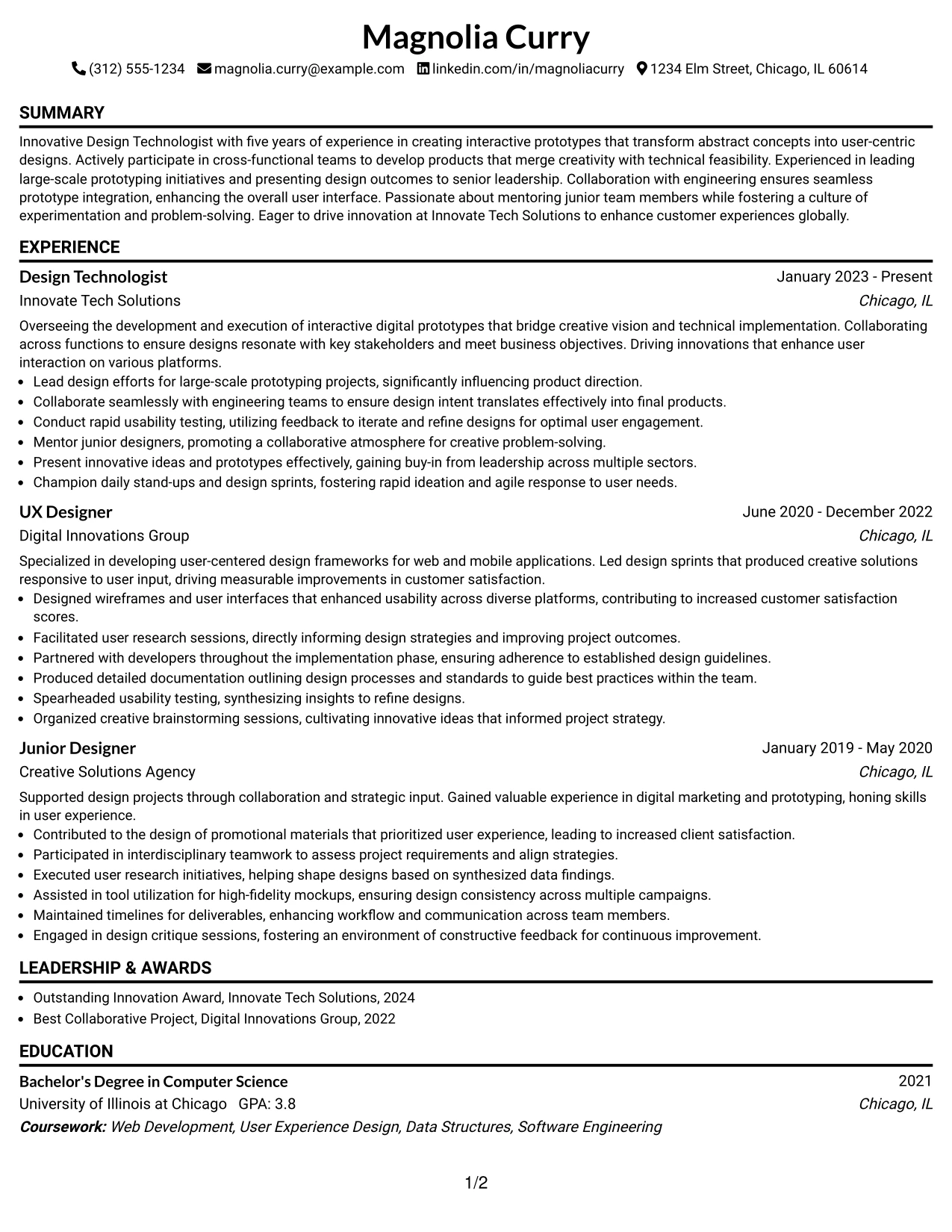 Resume Example Page 1