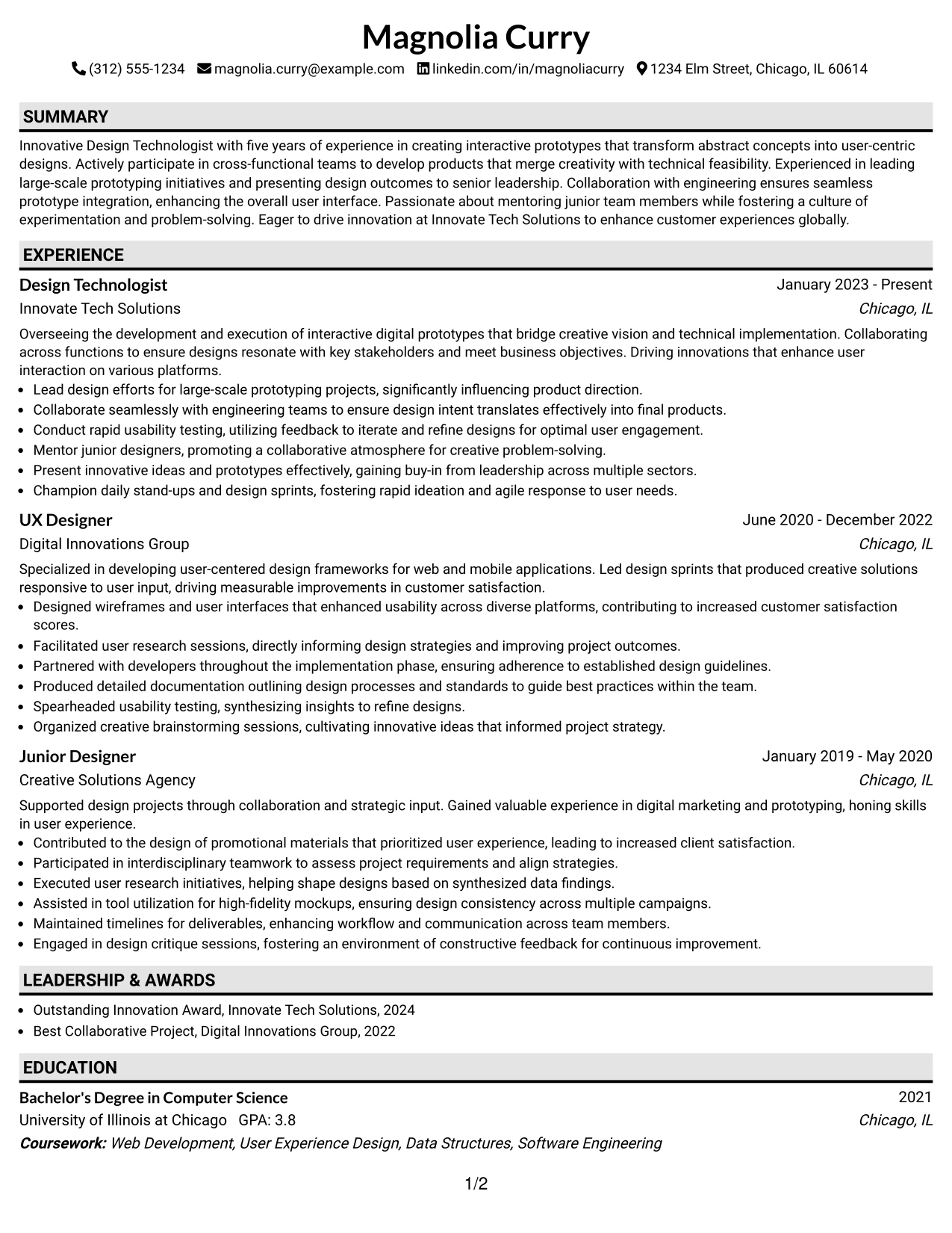 Resume Example Page 1