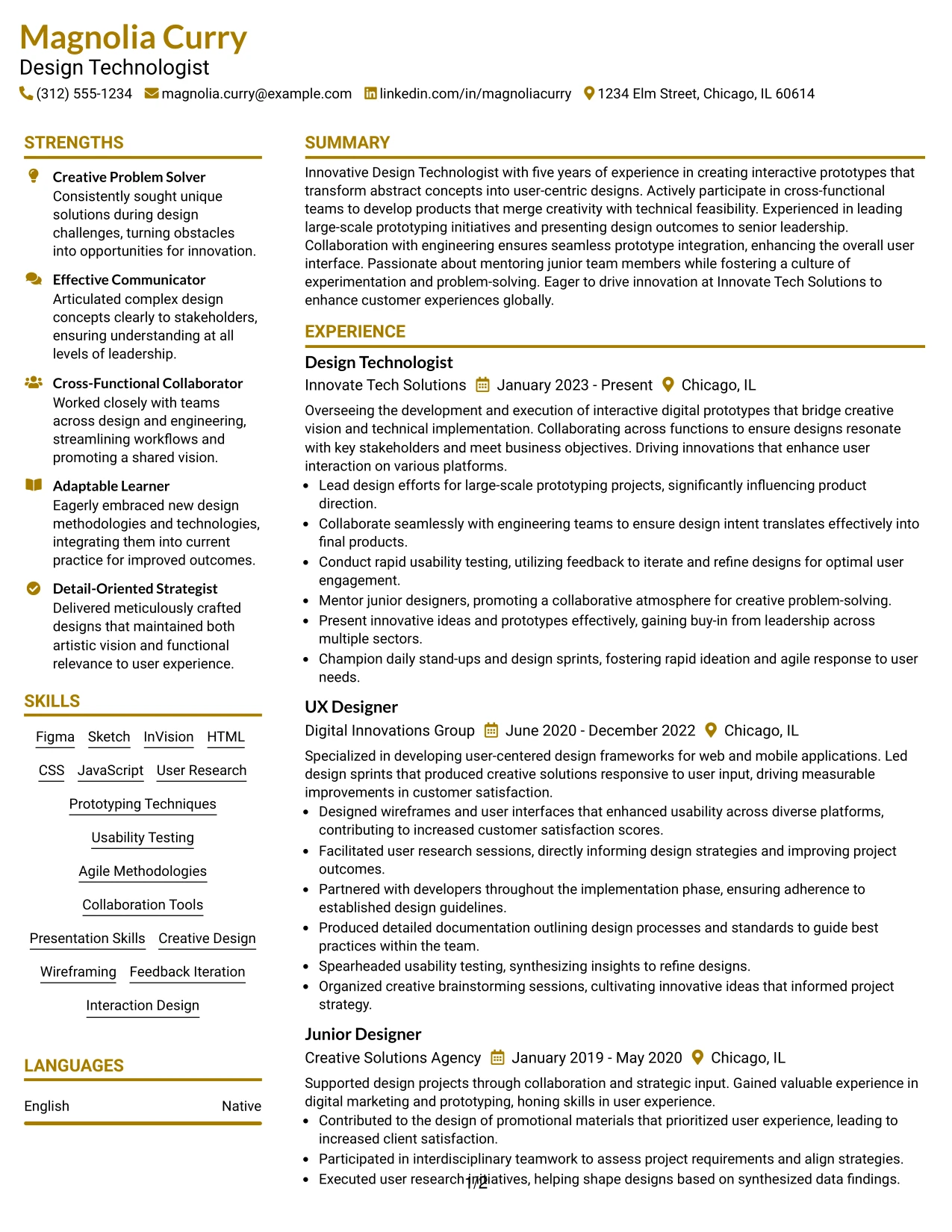 Resume Example Page 1