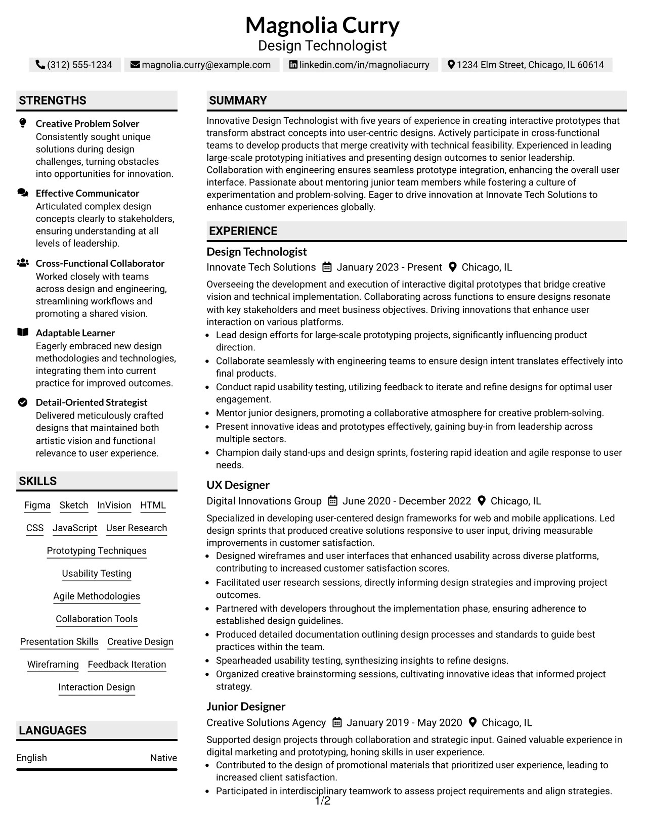 Resume Example Page 1