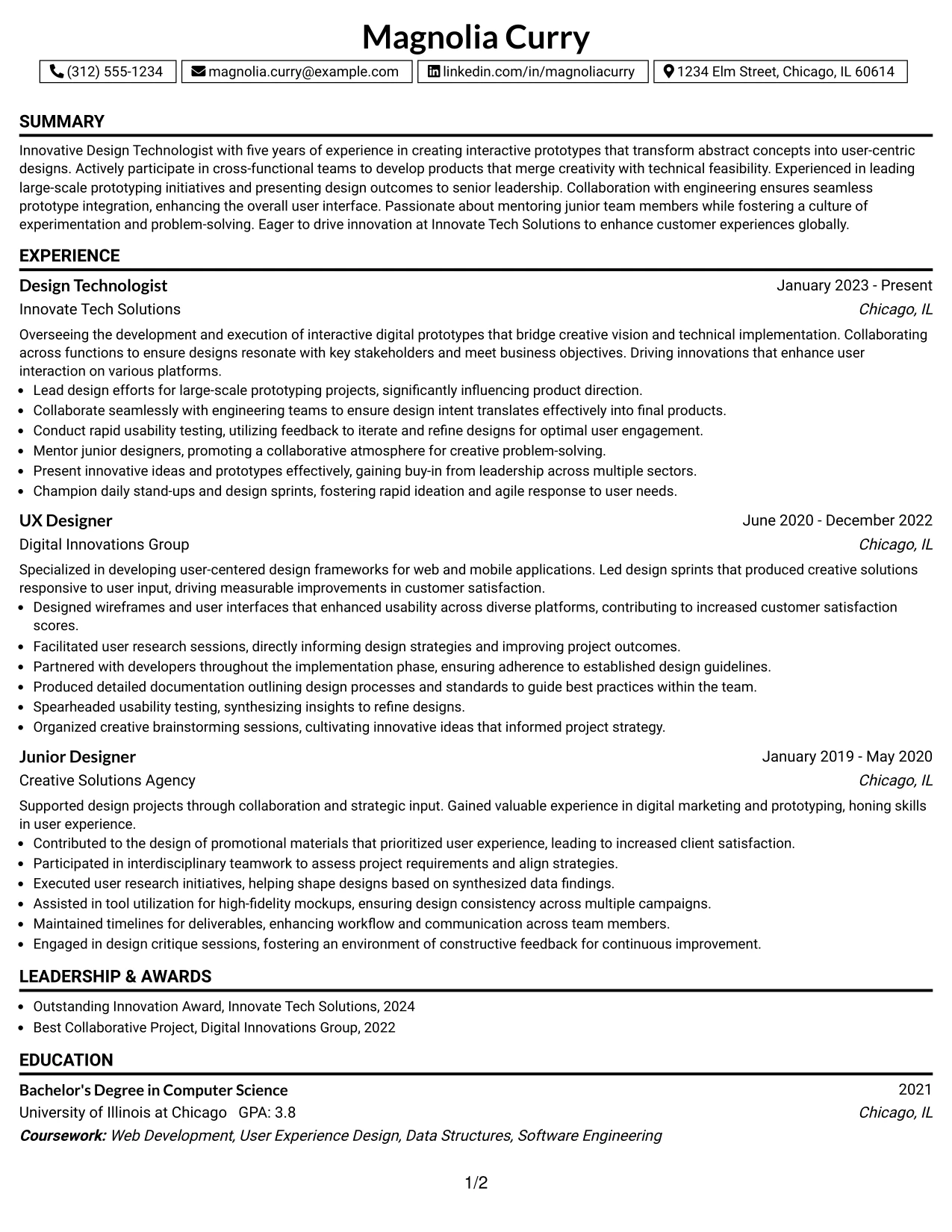 Resume Example Page 1