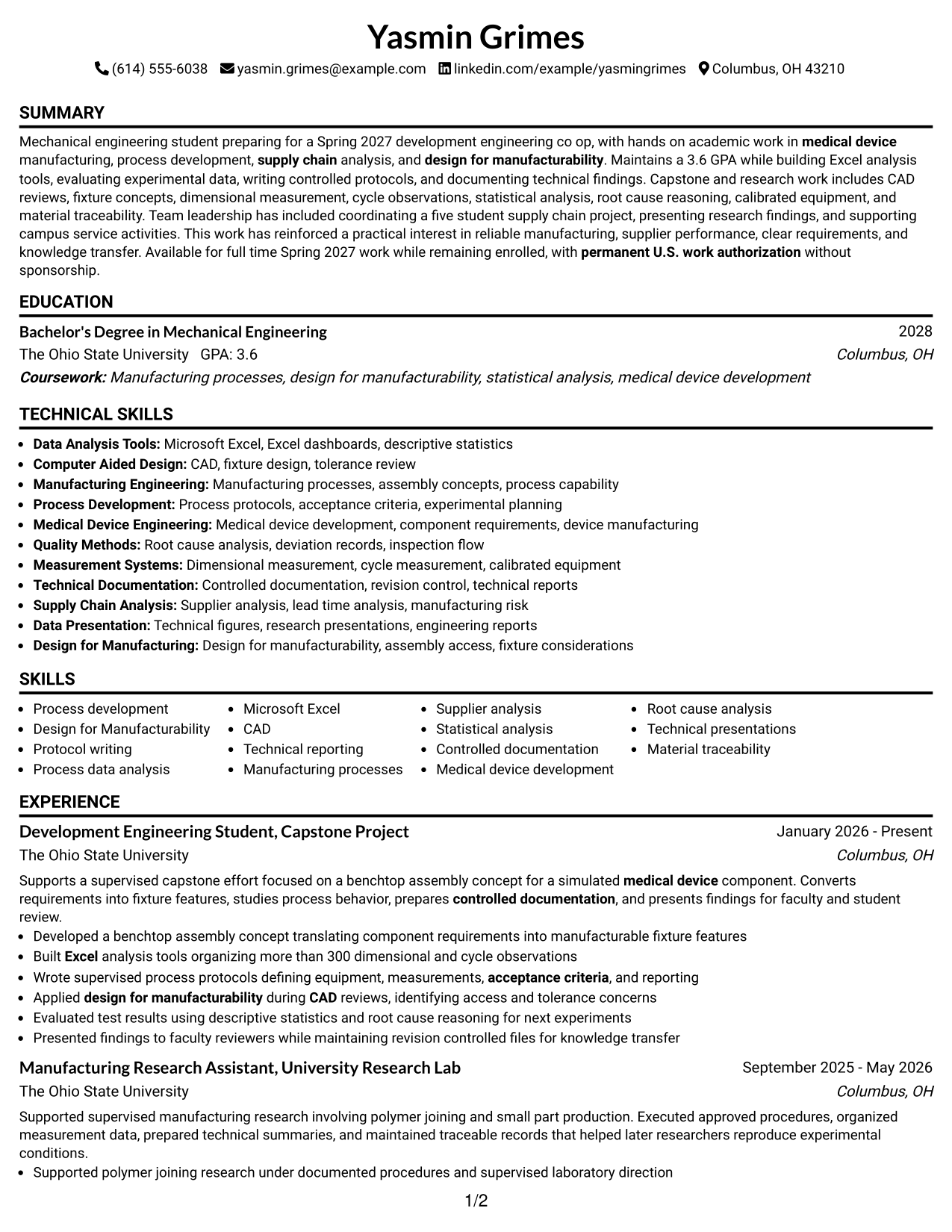 Resume Example Page 1
