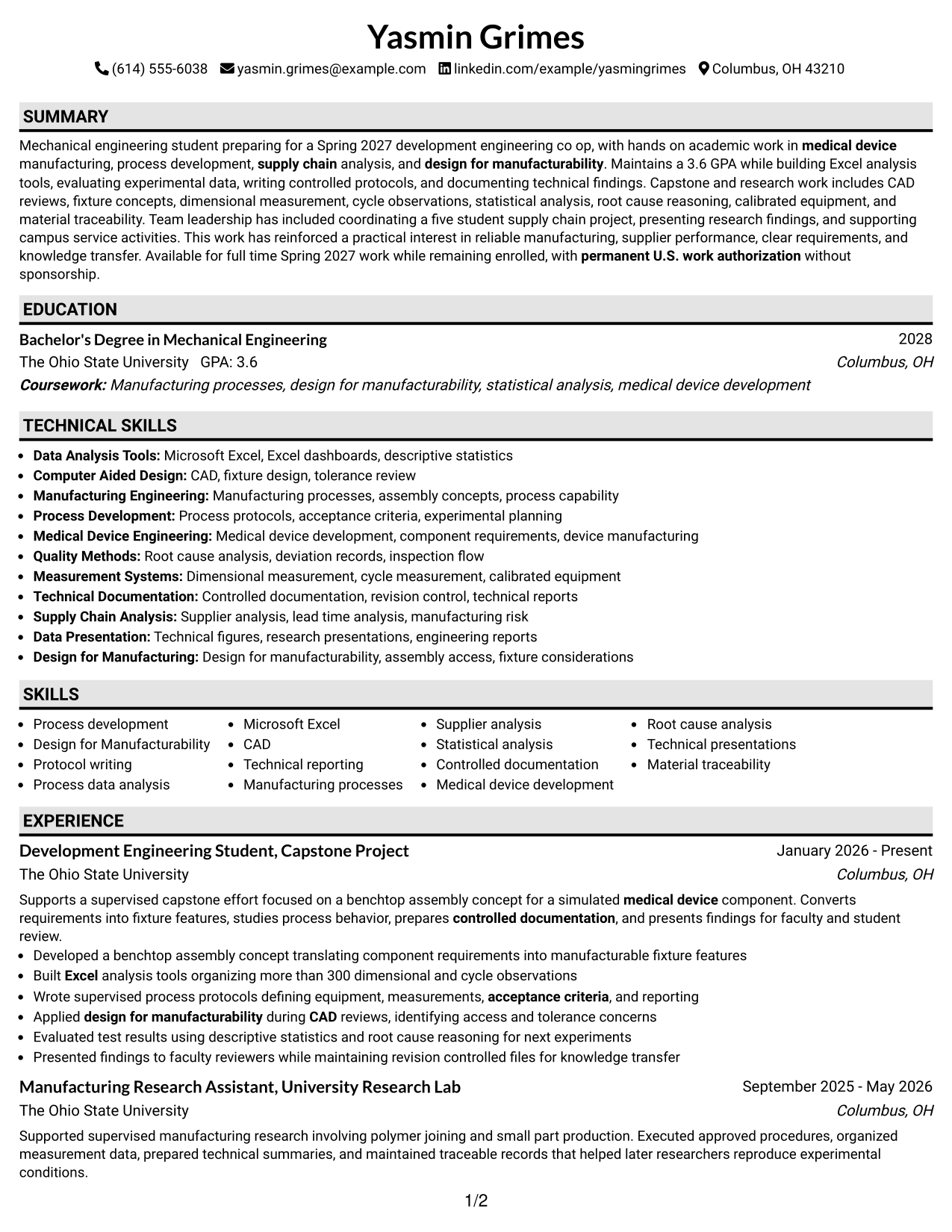 Resume Example Page 1