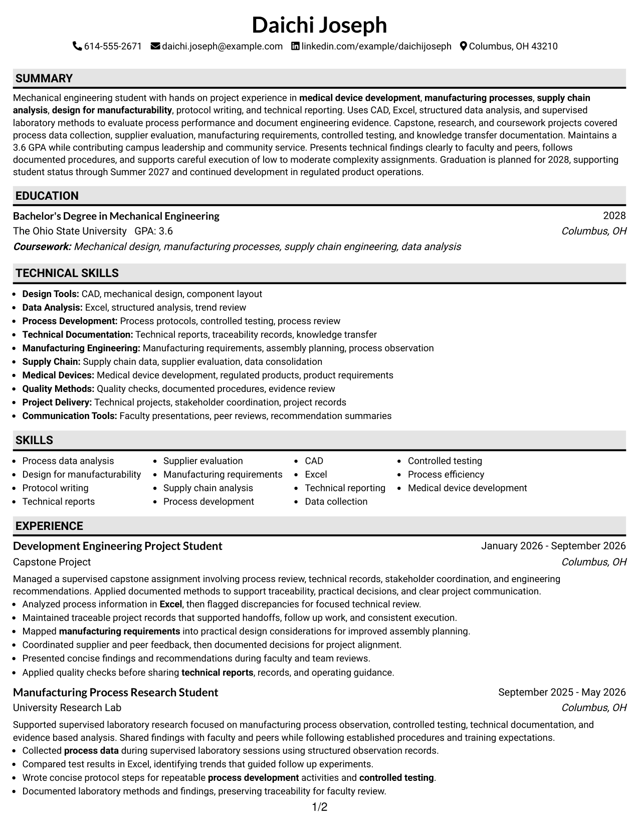 Resume Example Page 1