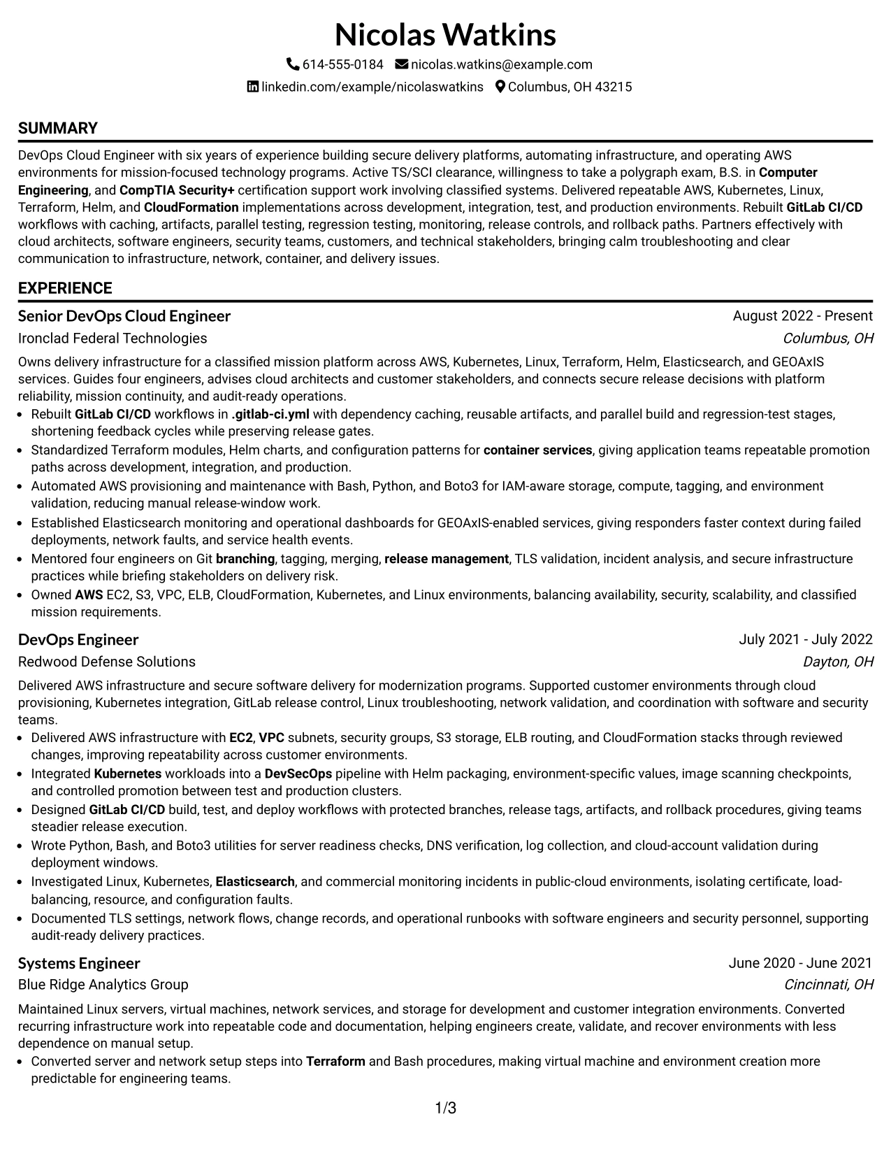 Resume Example Page 1