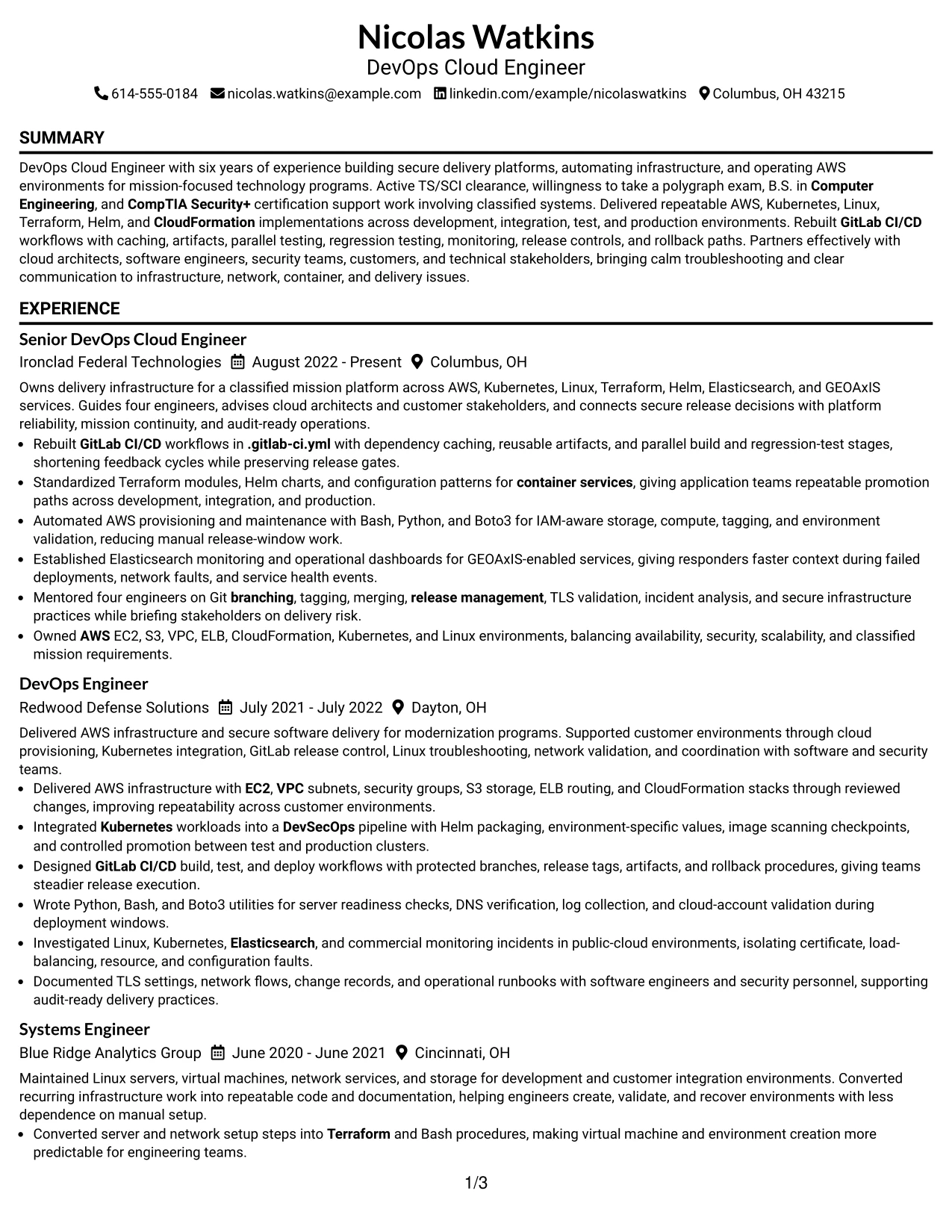 Resume Example Page 1