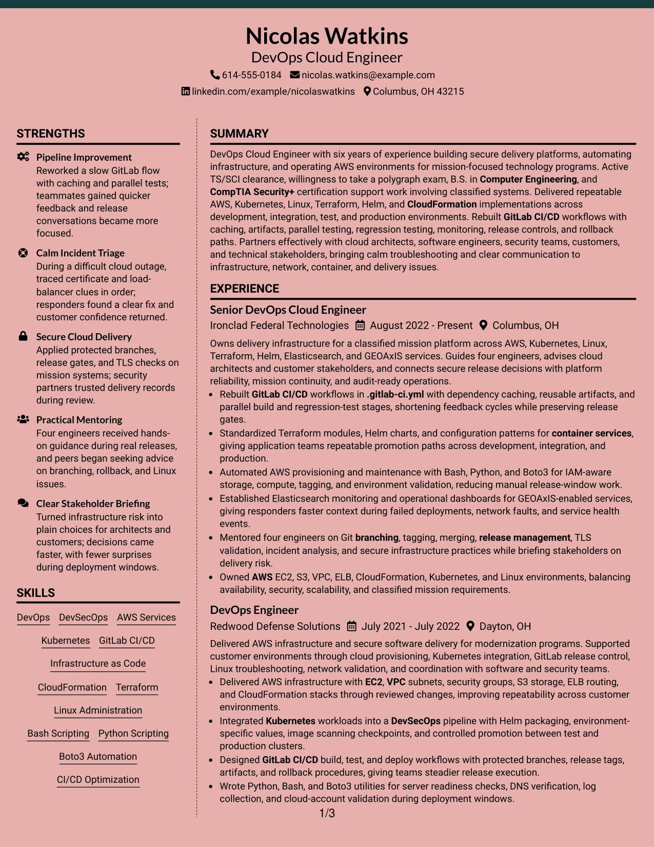 Resume Example Page 1
