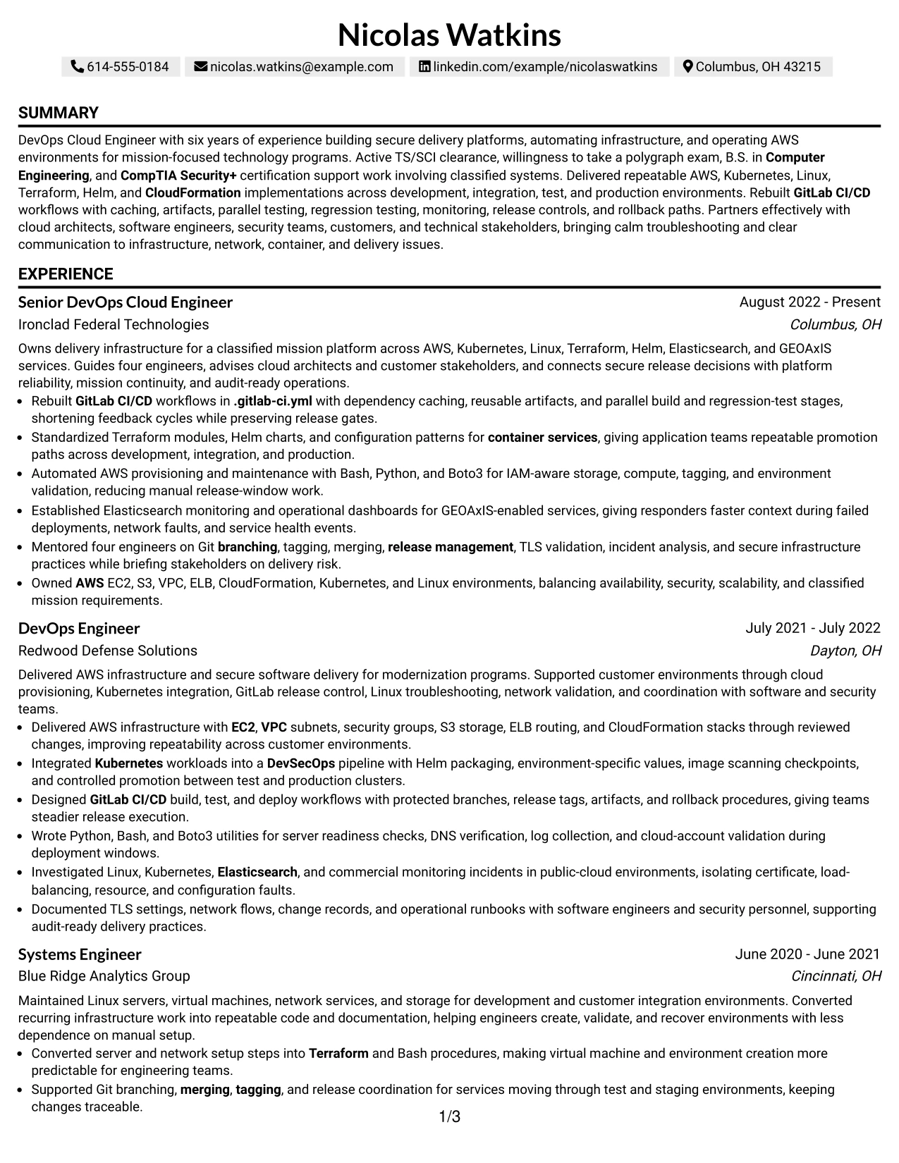 Resume Example Page 1