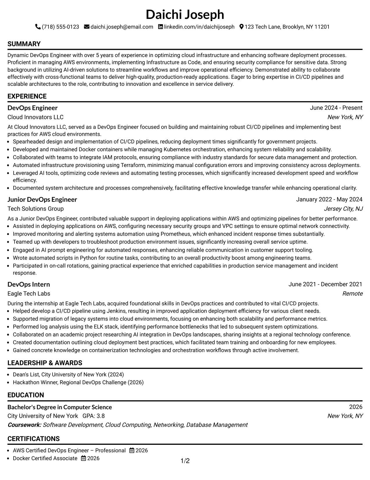 Resume Example Page 1