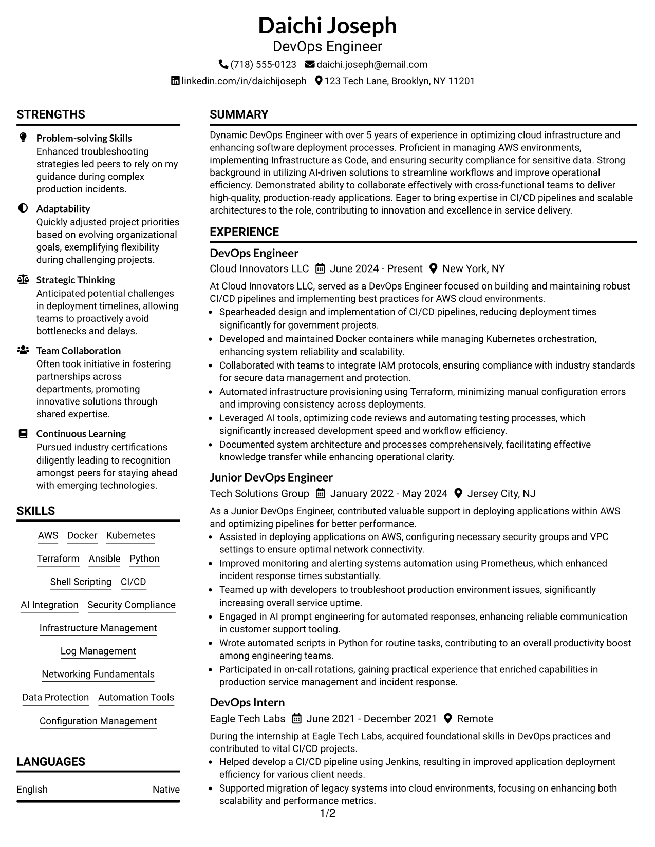 Resume Example Page 1