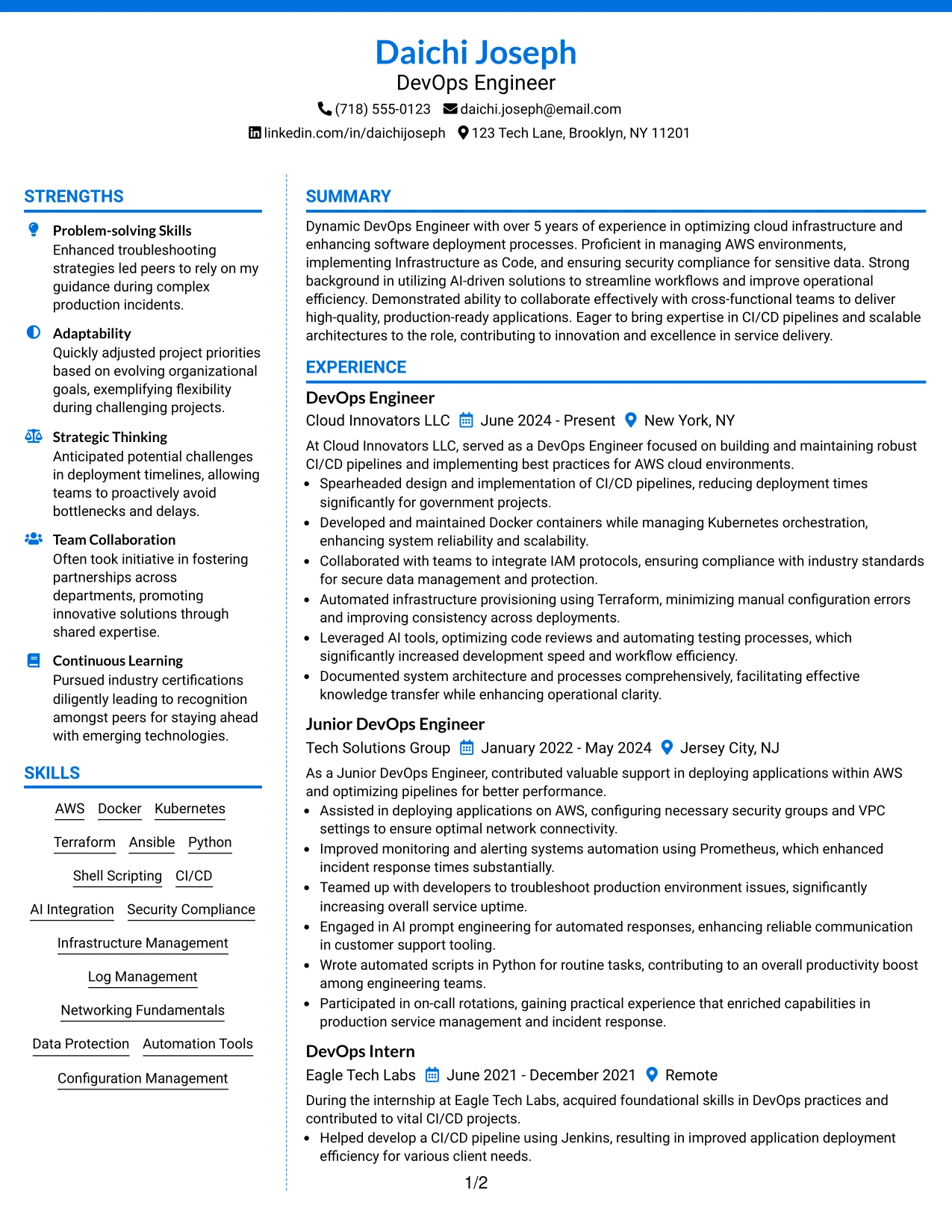Resume Example Page 1