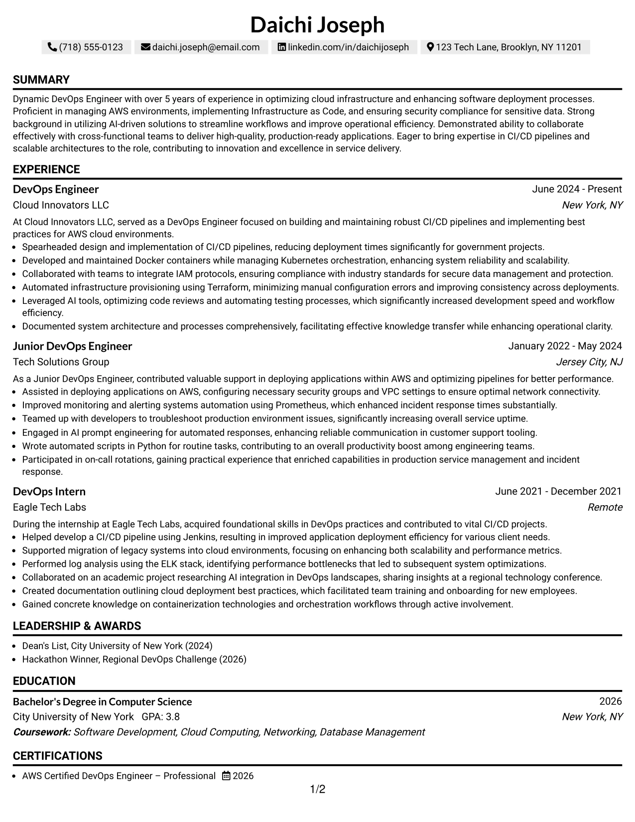 Resume Example Page 1