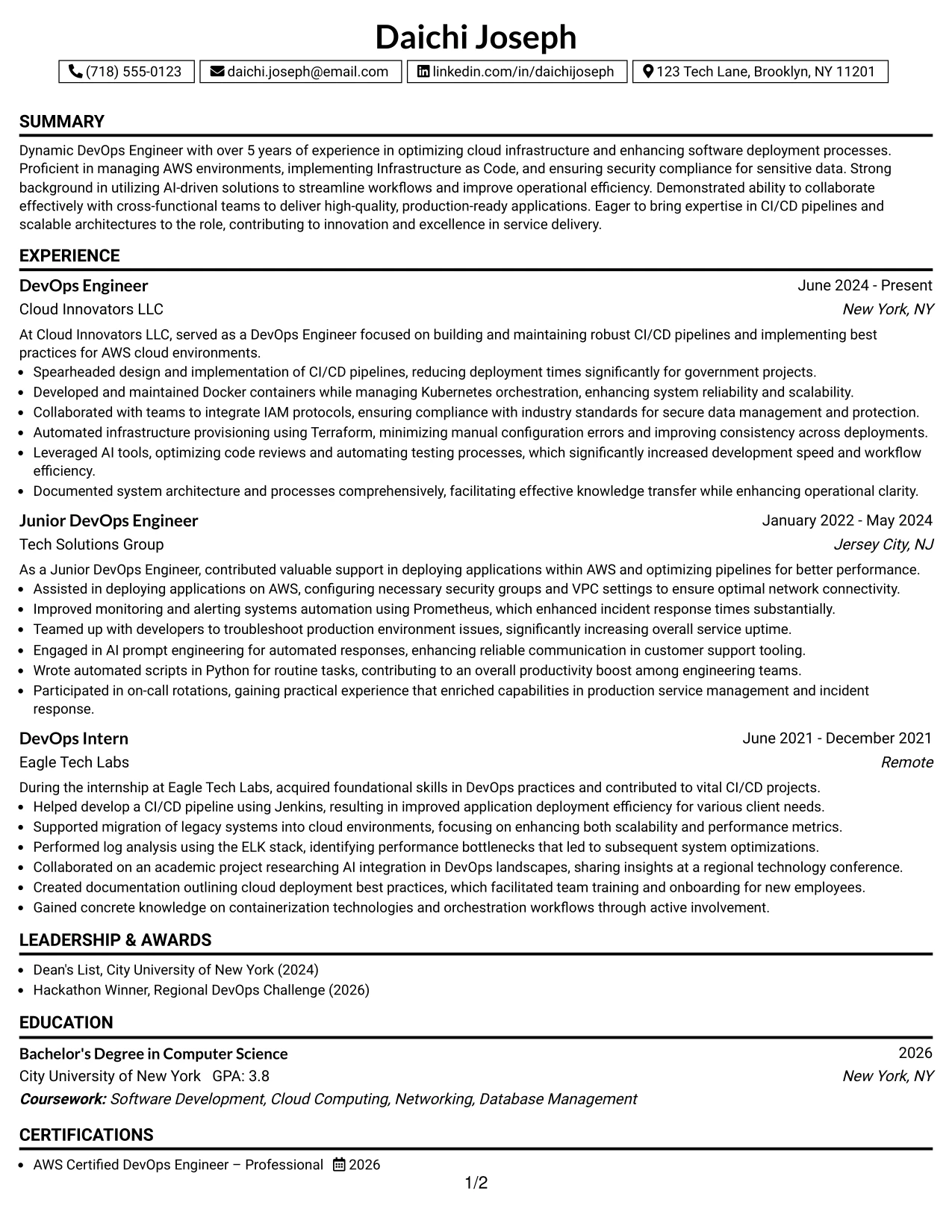 Resume Example Page 1
