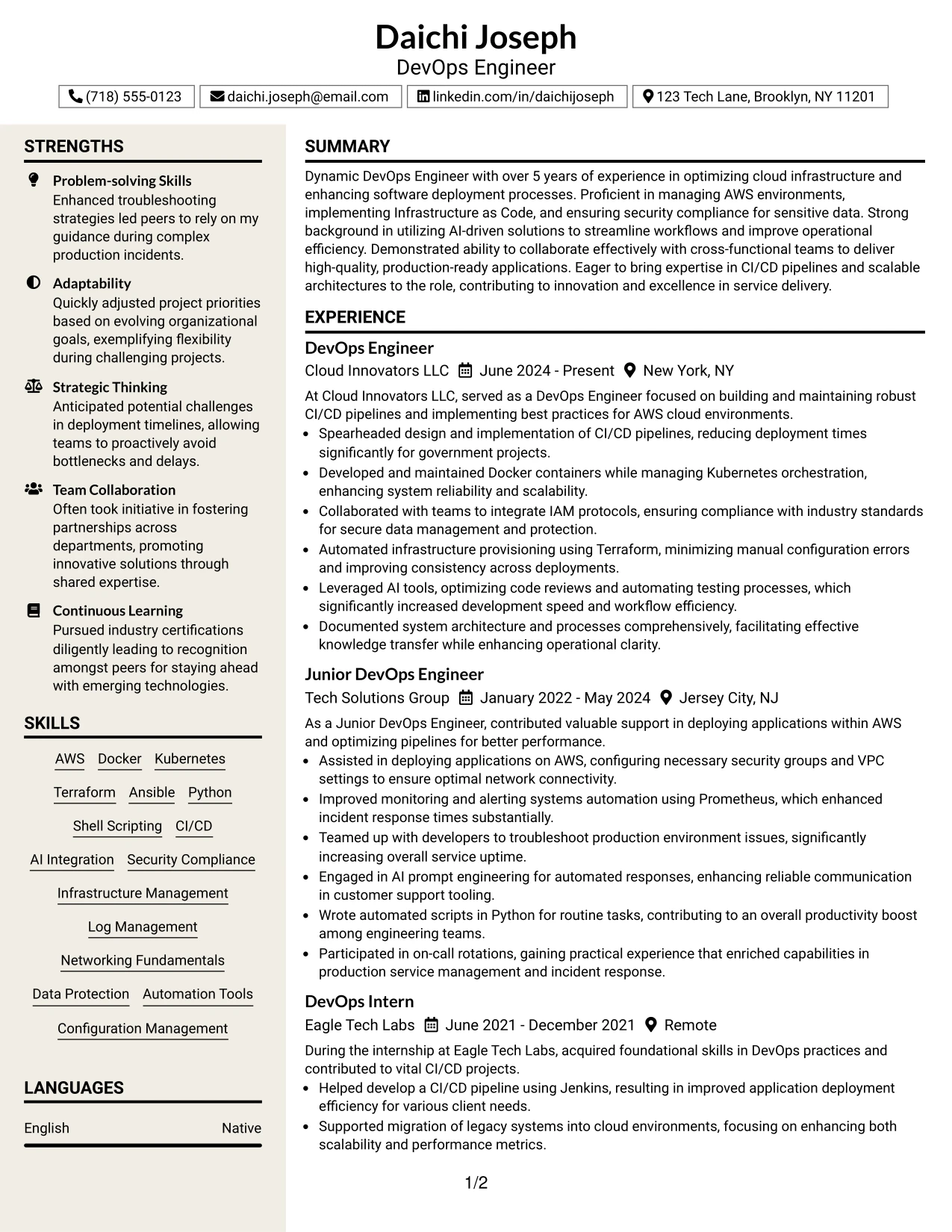 Resume Example Page 1