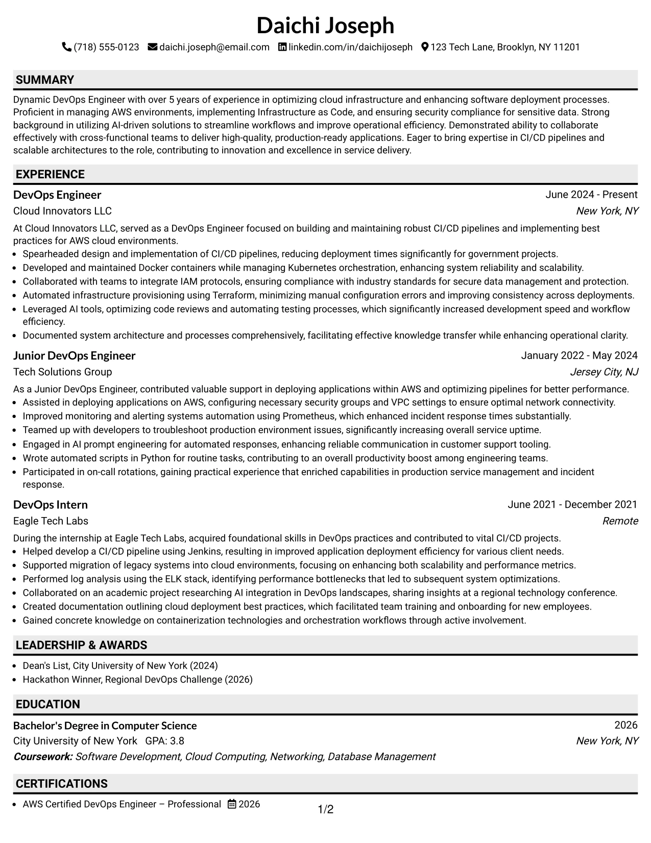 Resume Example Page 1