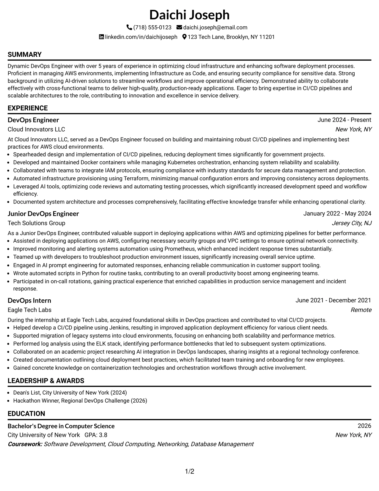 Resume Example Page 1