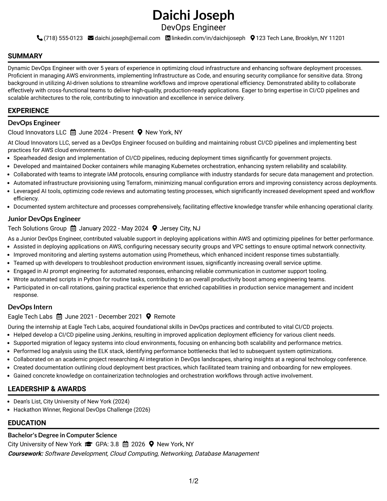 Resume Example Page 1