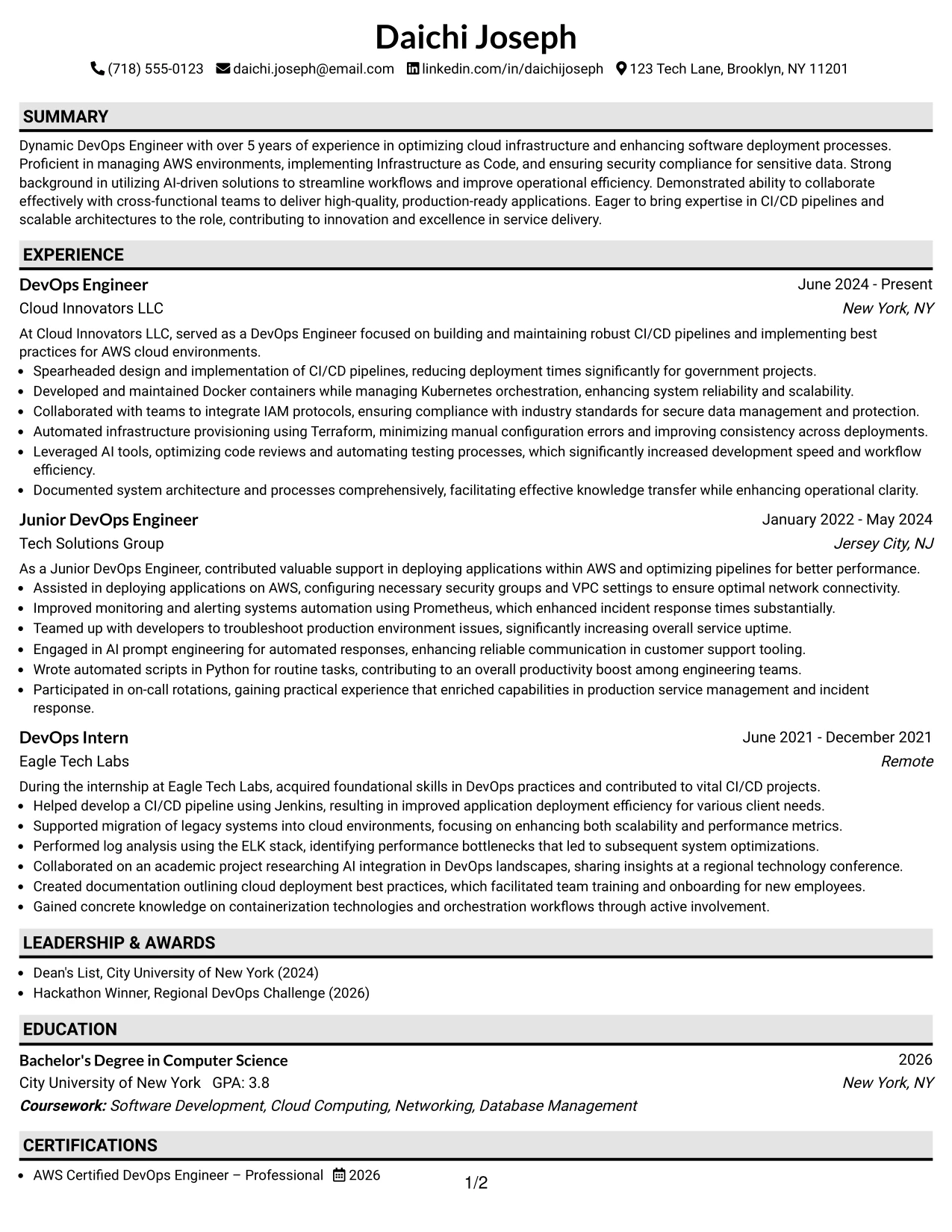 Resume Example Page 1