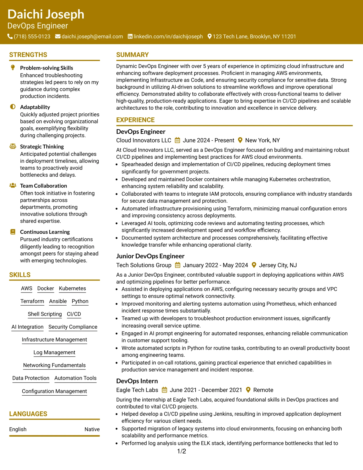 Resume Example Page 1