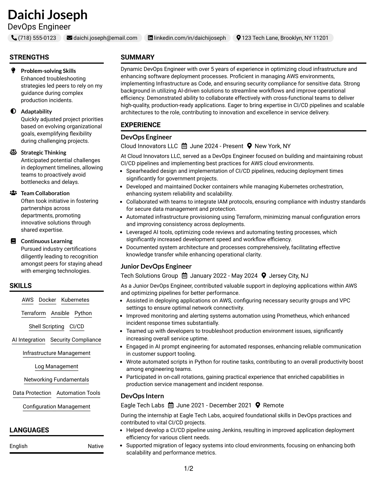 Resume Example Page 1