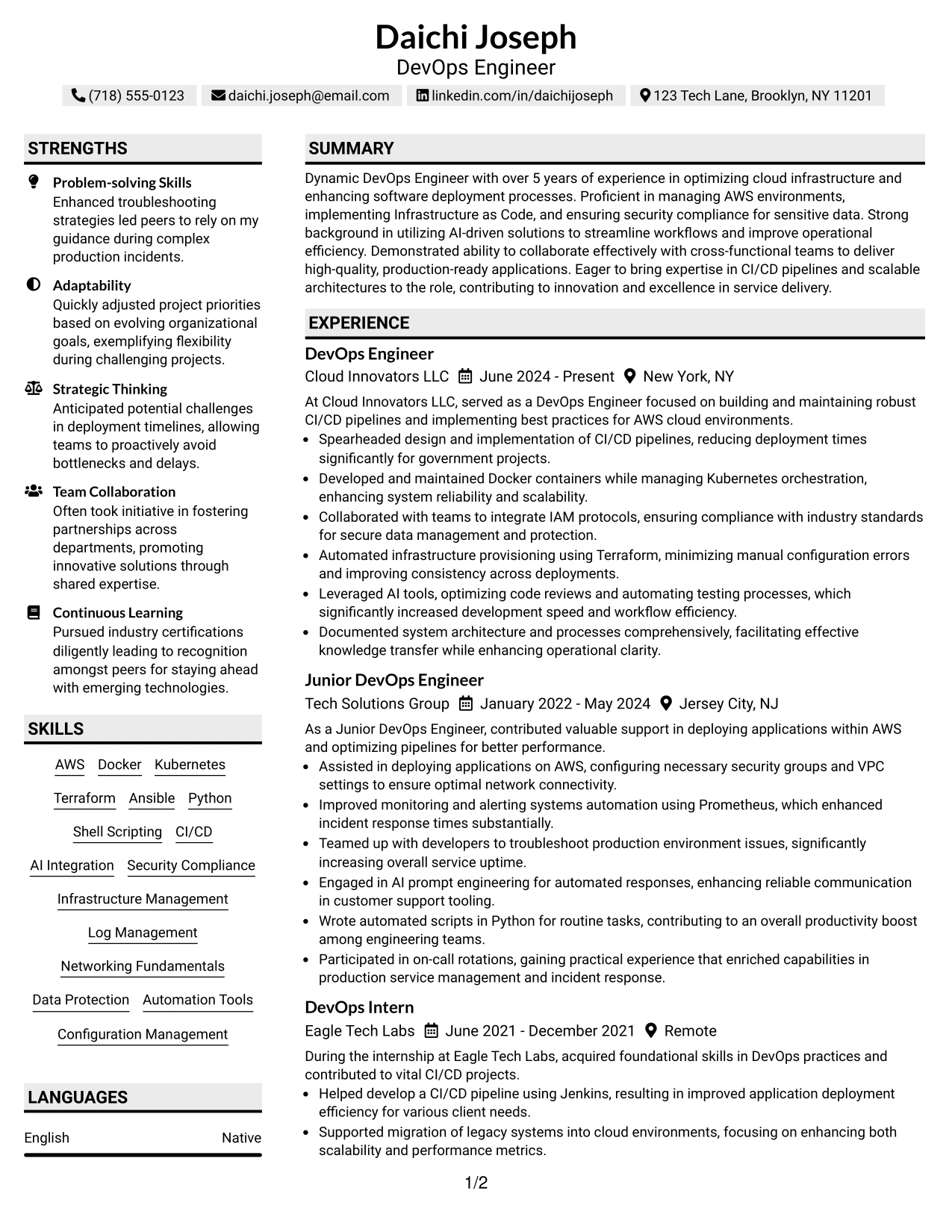 Resume Example Page 1