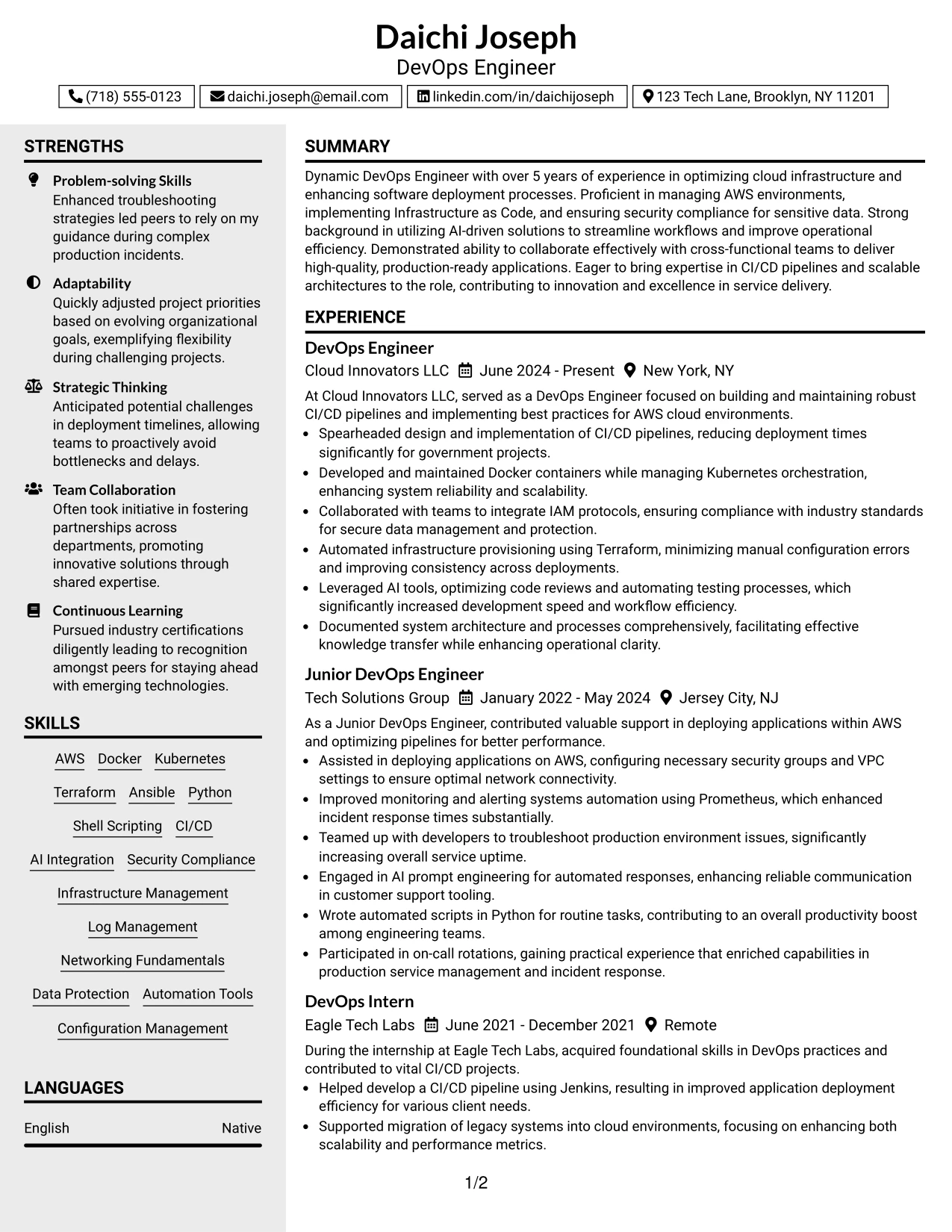 Resume Example Page 1