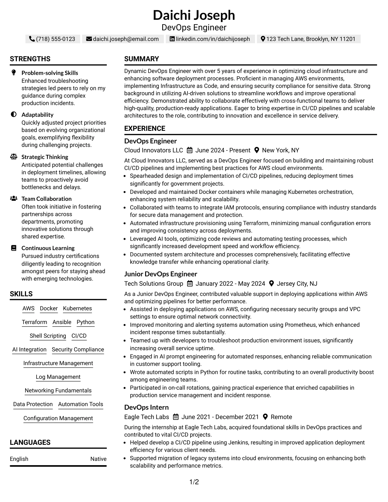 Resume Example Page 1