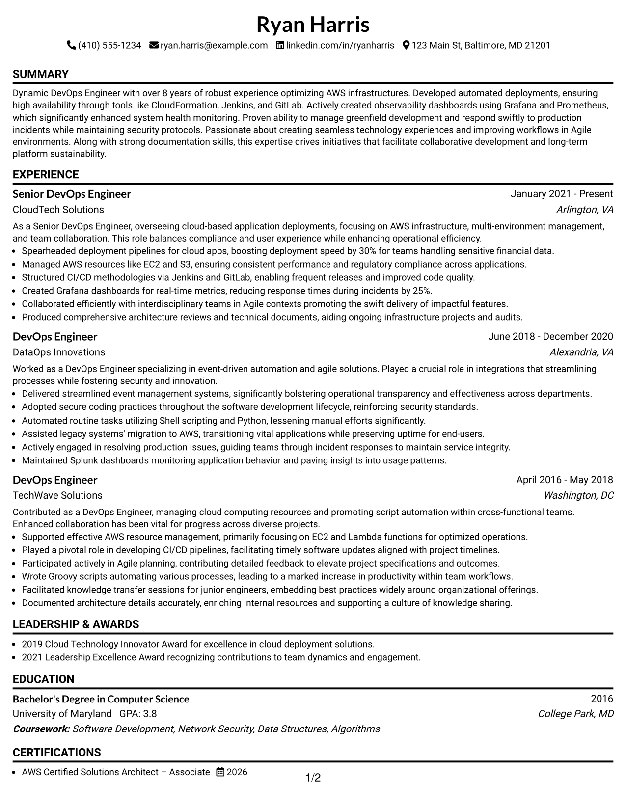 Resume Example Page 1